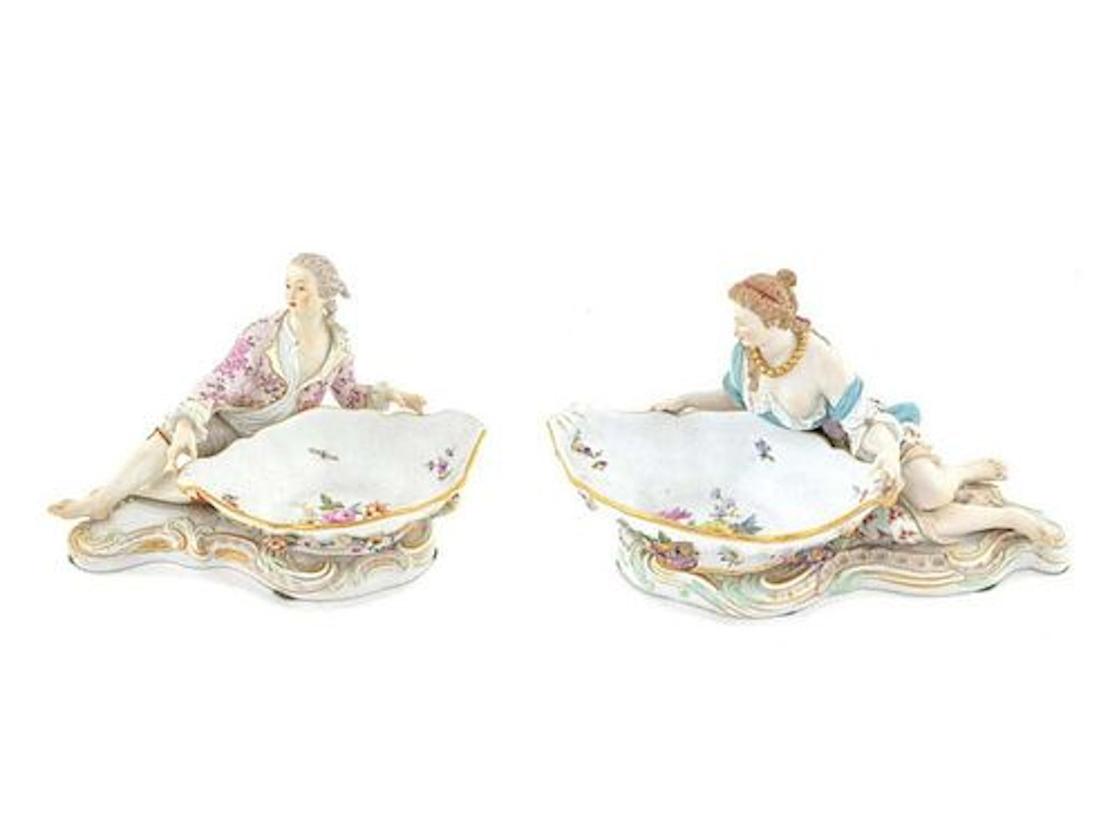 Pair of Large 19th C. Meissen Figural Sweet Meat Porcelain Dishes