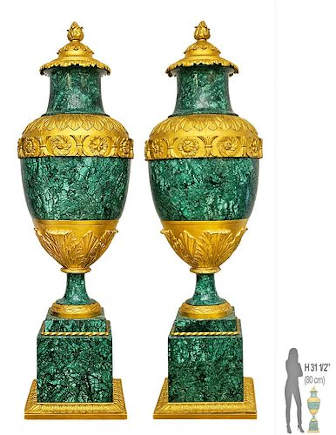 Pair Of Large French Malachite Bronze Mounted Urns
