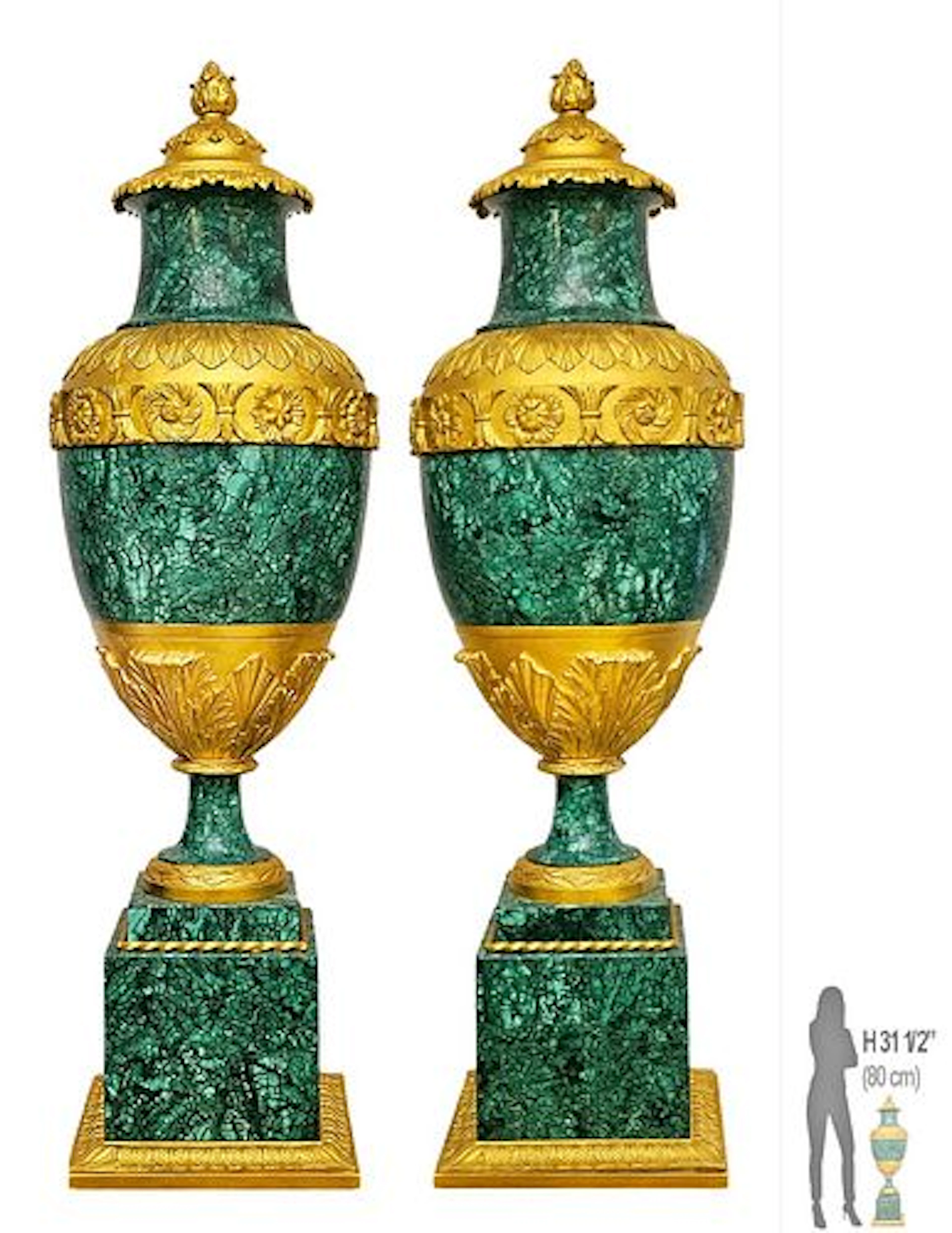 Pair Of Large French Malachite Bronze Mounted Urns