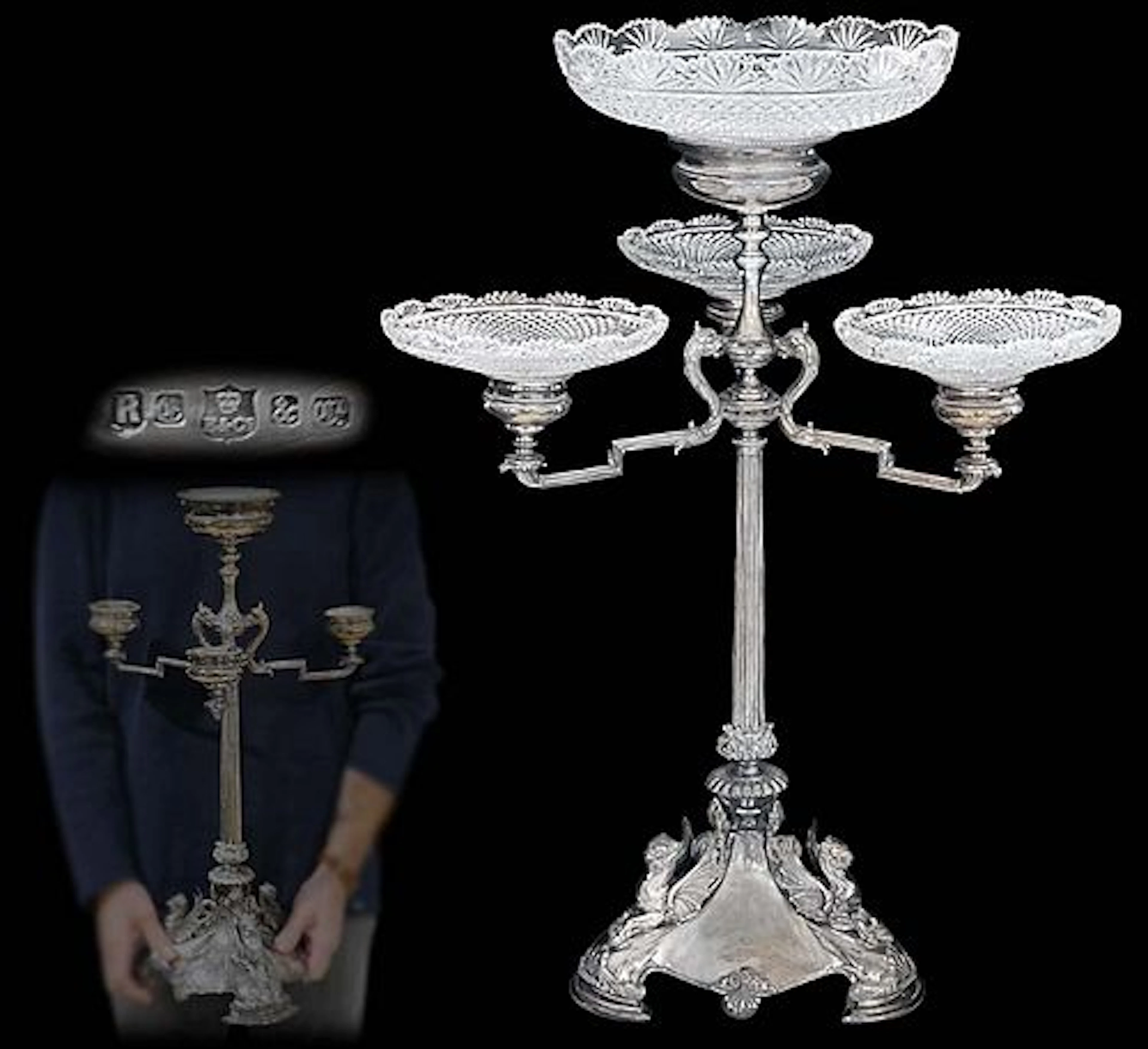 19th C. English Silver Plated Figural Centerpiece With Crystal Bowls