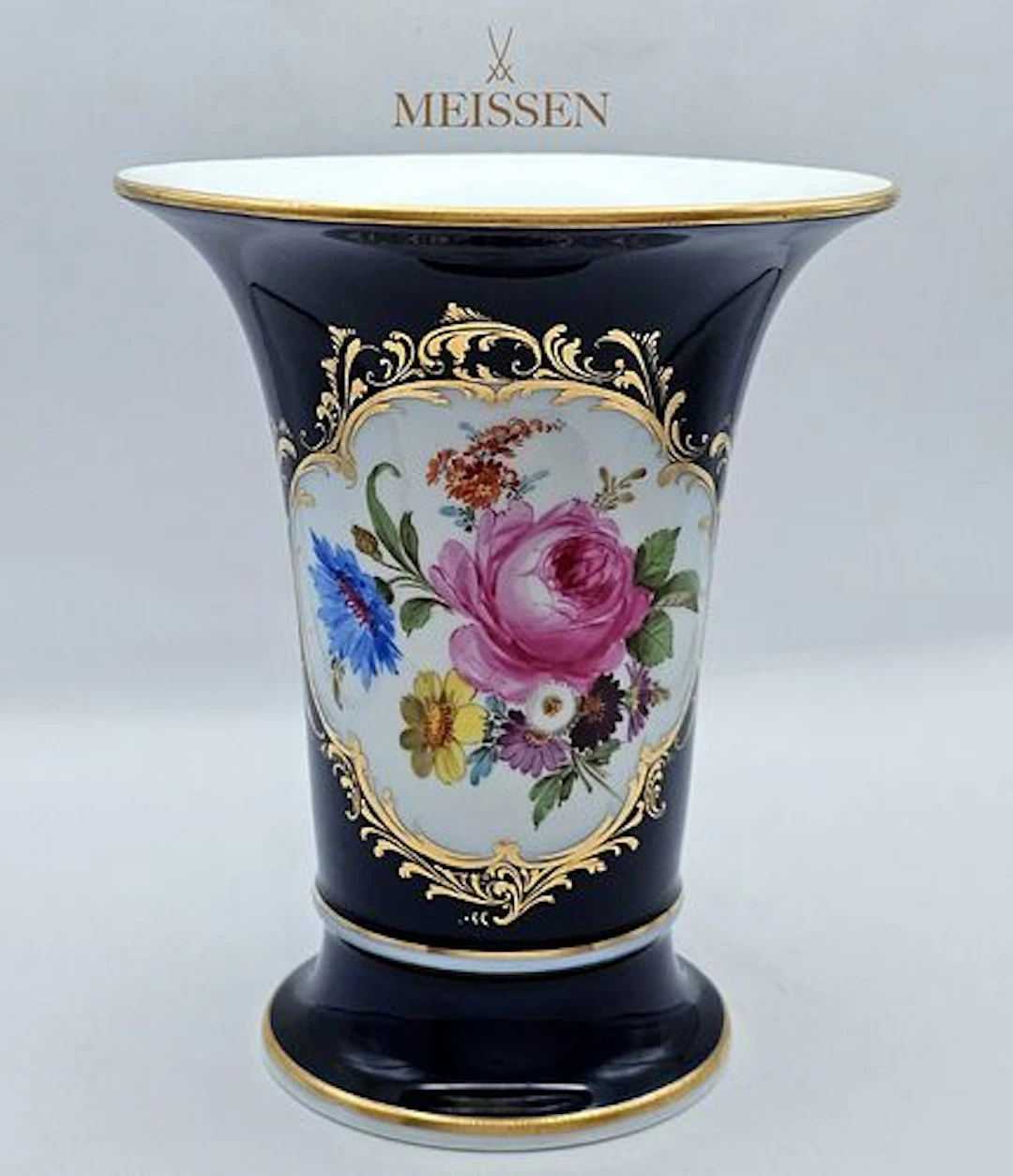 19th C. Meissen Cobalt Blue Hand Painted Floral Vase