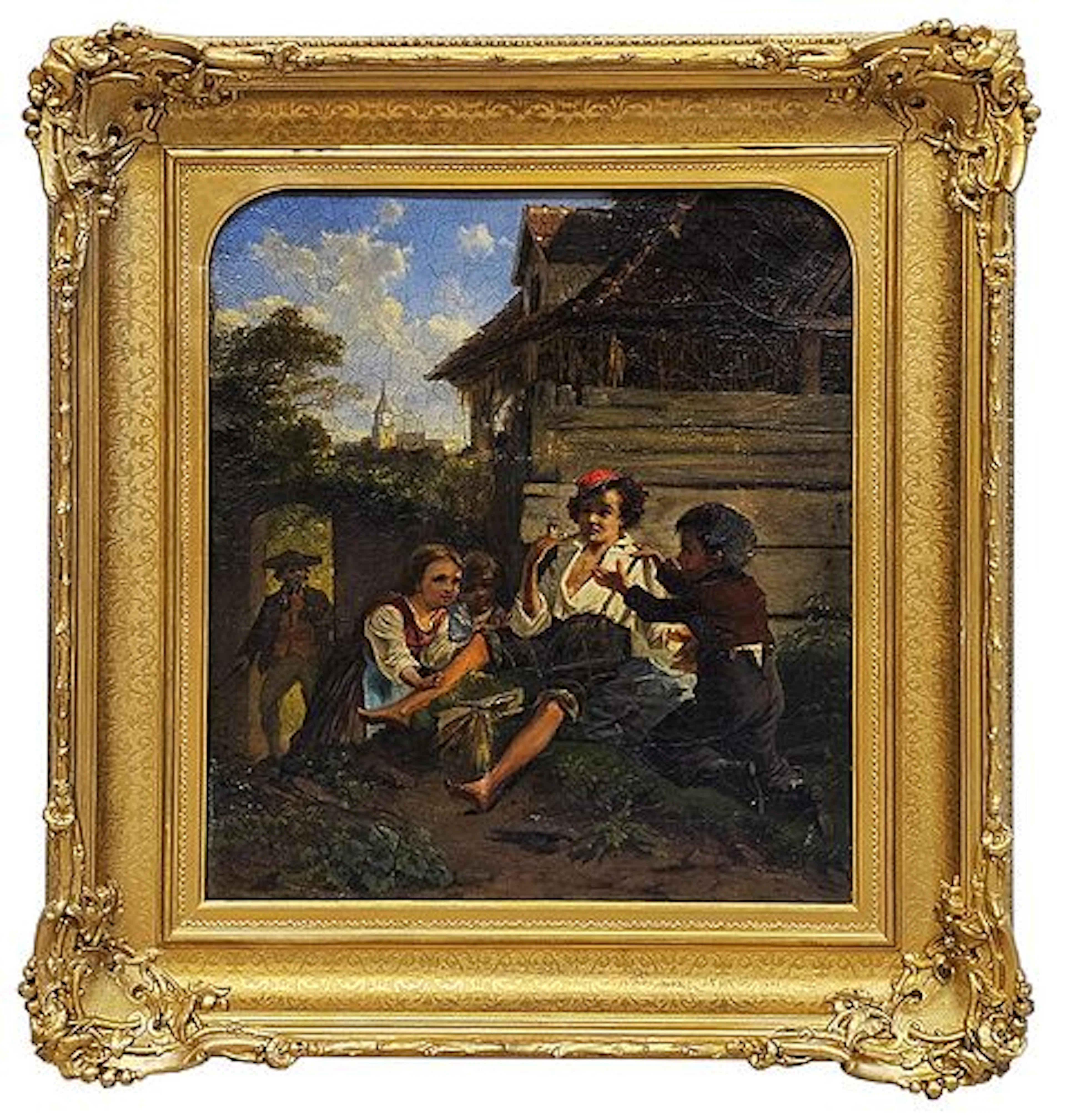19th C. Oil On Canvas 'Village Kids & Pipe Smoking Master' Painting