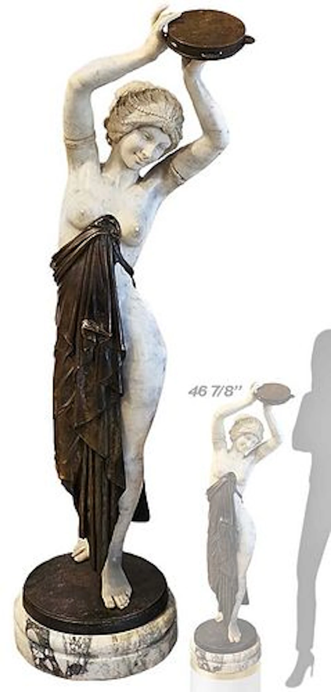 Large 19th C. French Marble And Bronze Sculpture Of Tambourine Playing Woman