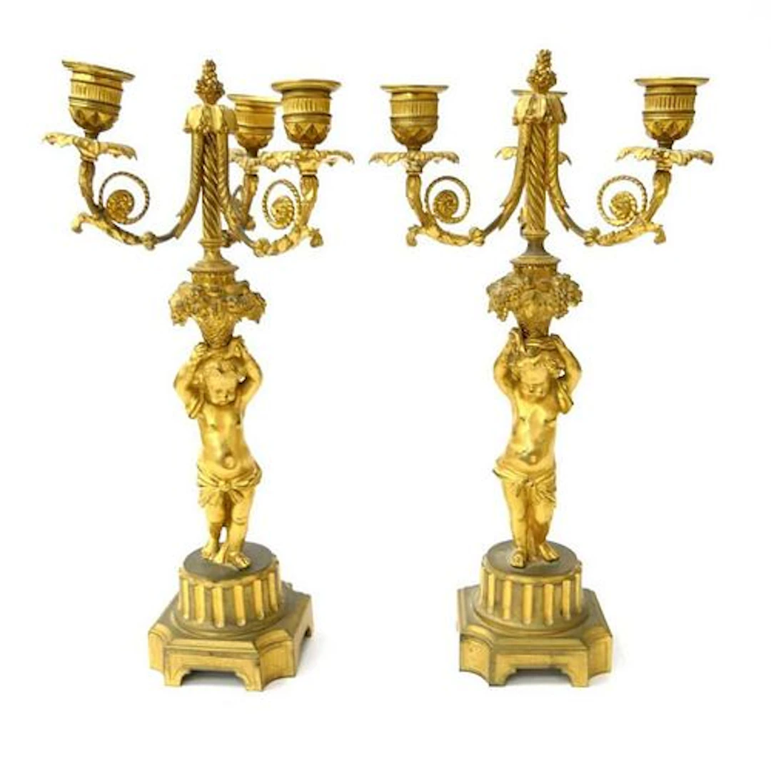 Pair of 19th C. Dore Bronze Figural Bronze Candelabras