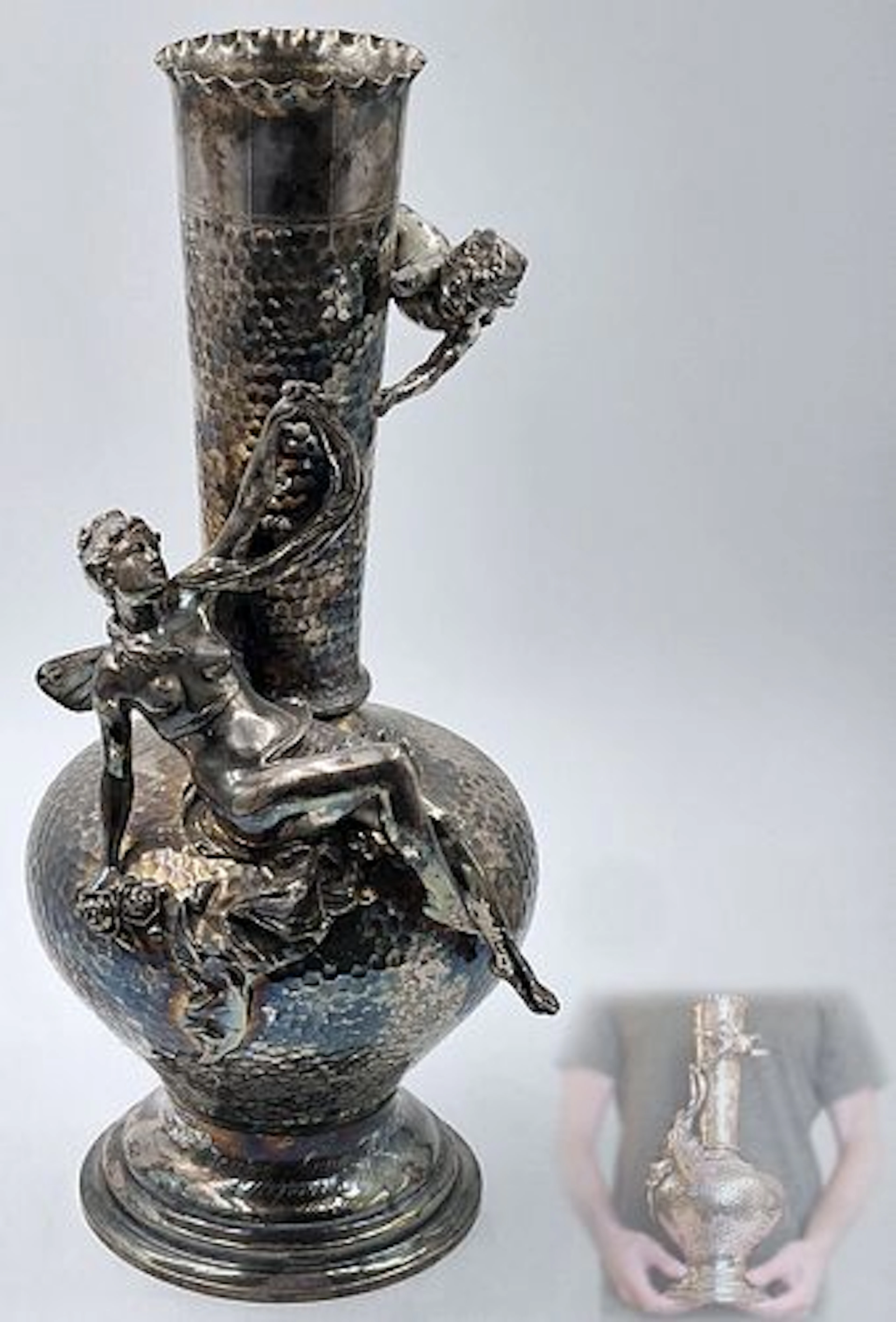 French Art Nouveau Figural Silver Plate Vase