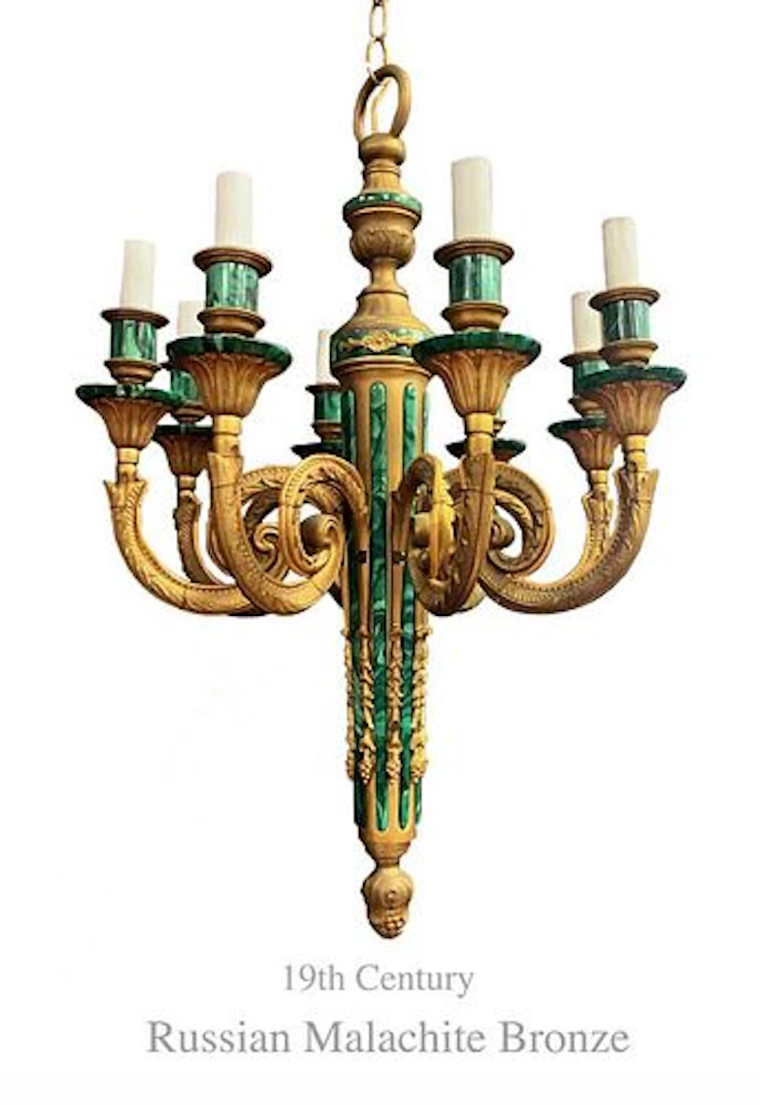 19th C Russian Malachite Bronze Chandelier