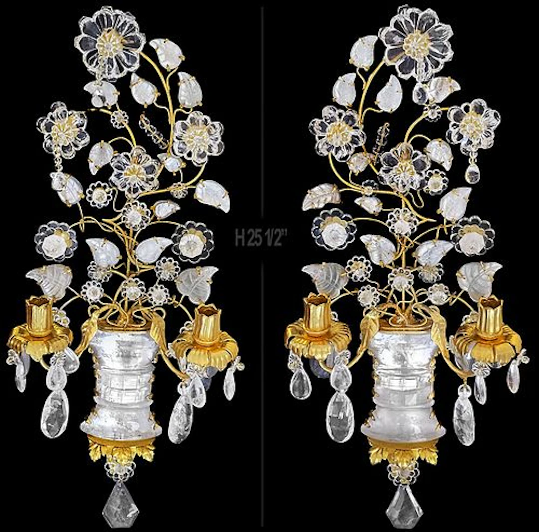 Pair Of Large Maison Bagues Style Rock Crystal Two-Arm Gilt Sconces