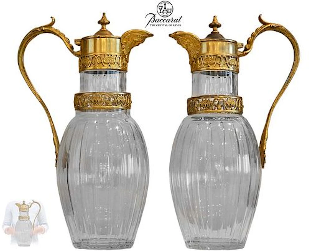 Pair Of 19th C. French Cut Crystal Baccarat Bronze Mounted Claret Jugs