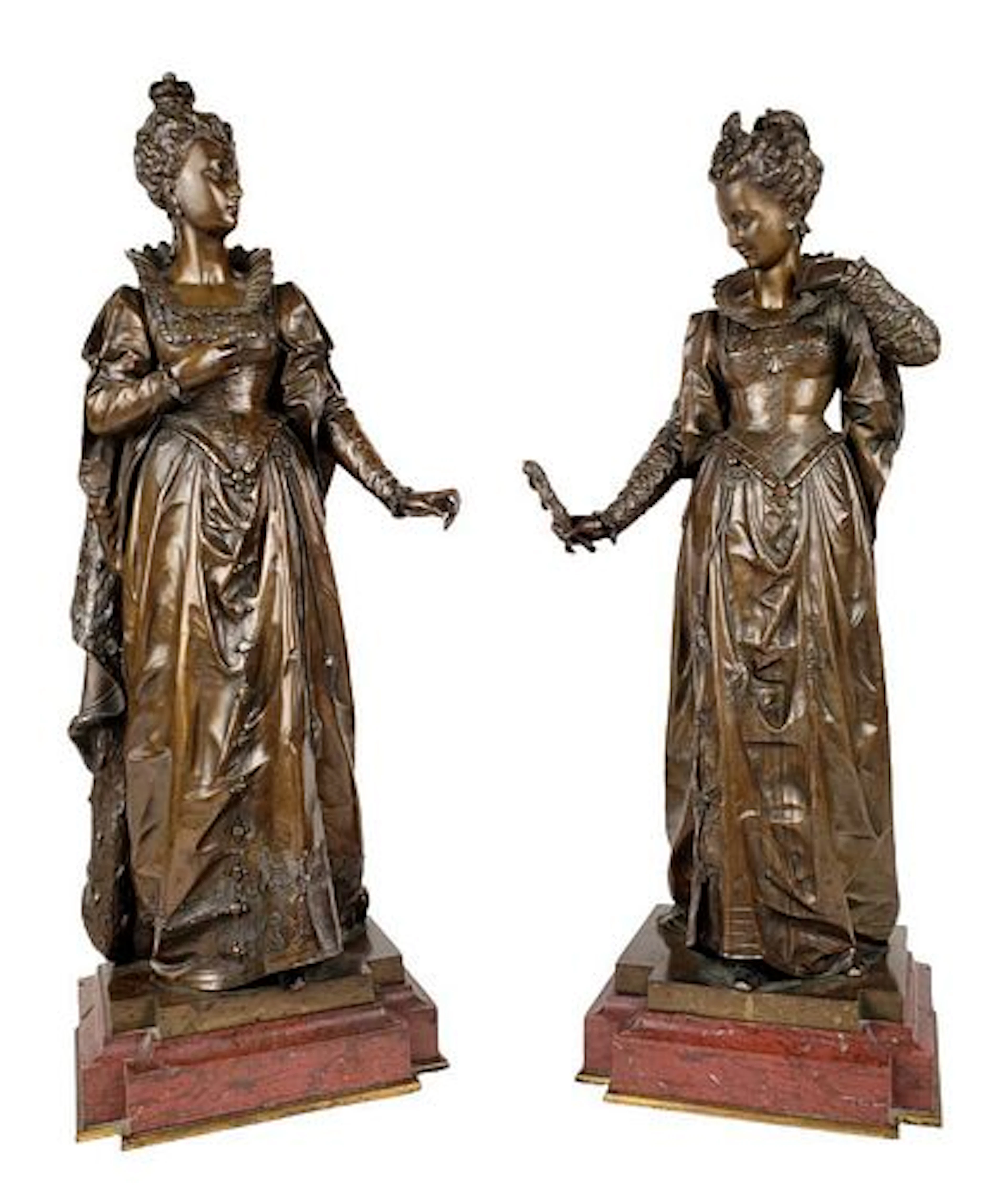 Pair of Large 19th C. Bourret Signed Bronze & Rouge Marble Statues