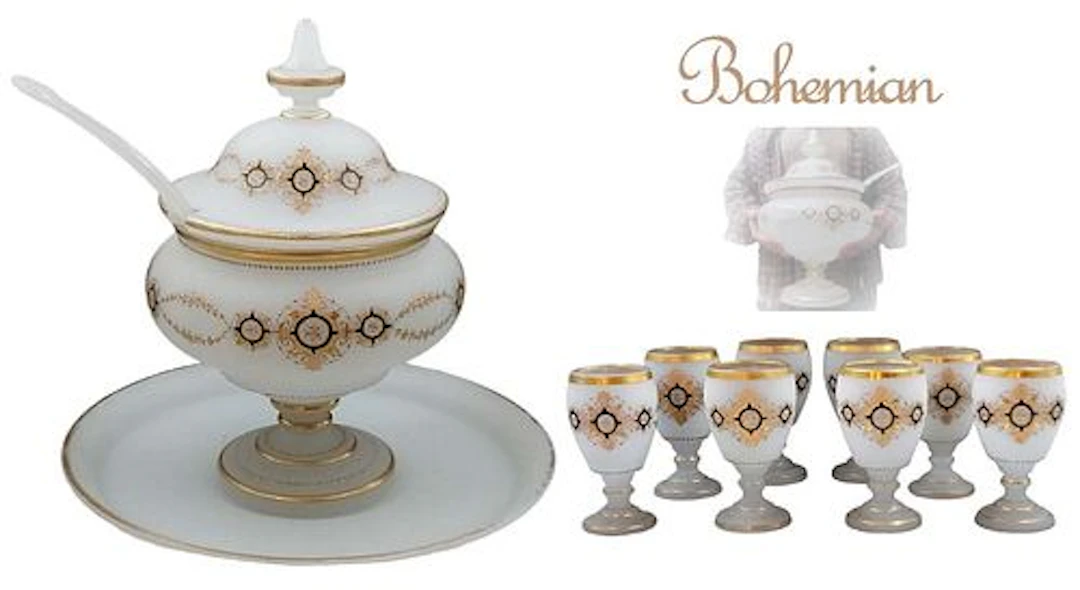 19th C. Bohemian Glass Enamel Punch Bowl Set