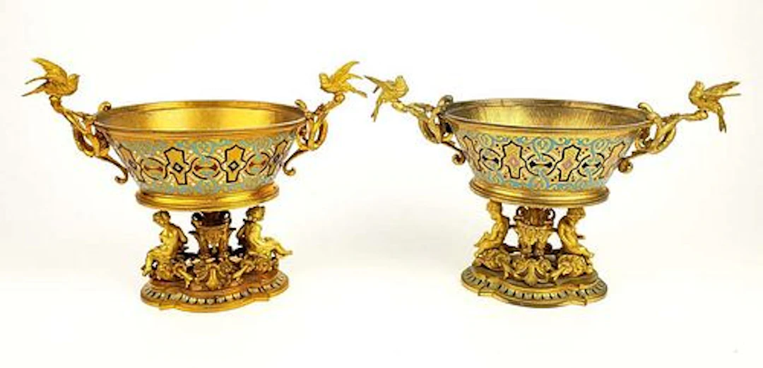 Pair of 19th C. French Champleve Enamel & Bronze Figural Tazzas