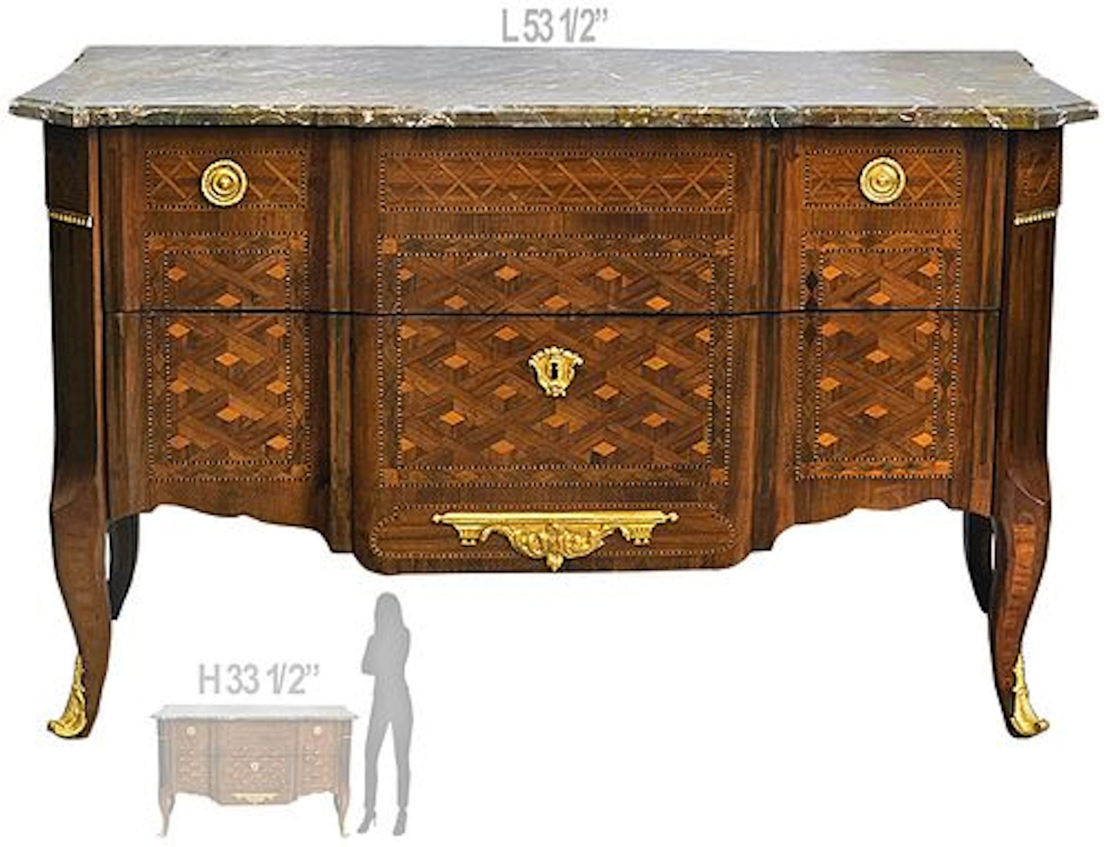 19th C. French Louis XVI Bronze Mounted Marquetry & Parquetry Commode