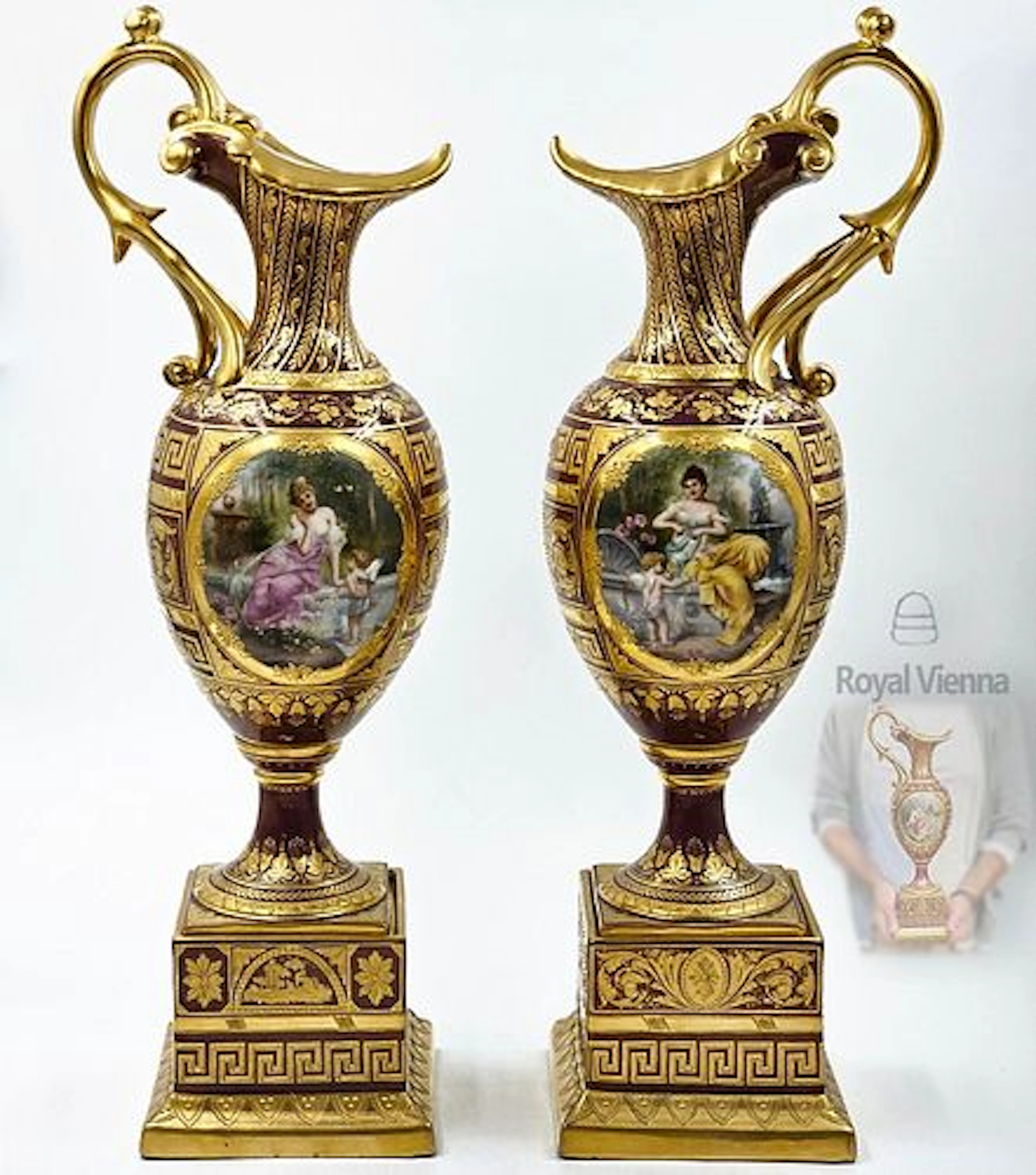Pair Of 19th C. Royal Vienna Porcelain Burgundy Tankard