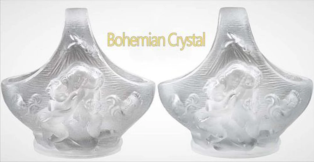 Pair of Vintage Bohemian figural carved Crystal Basket/Candy Bowl