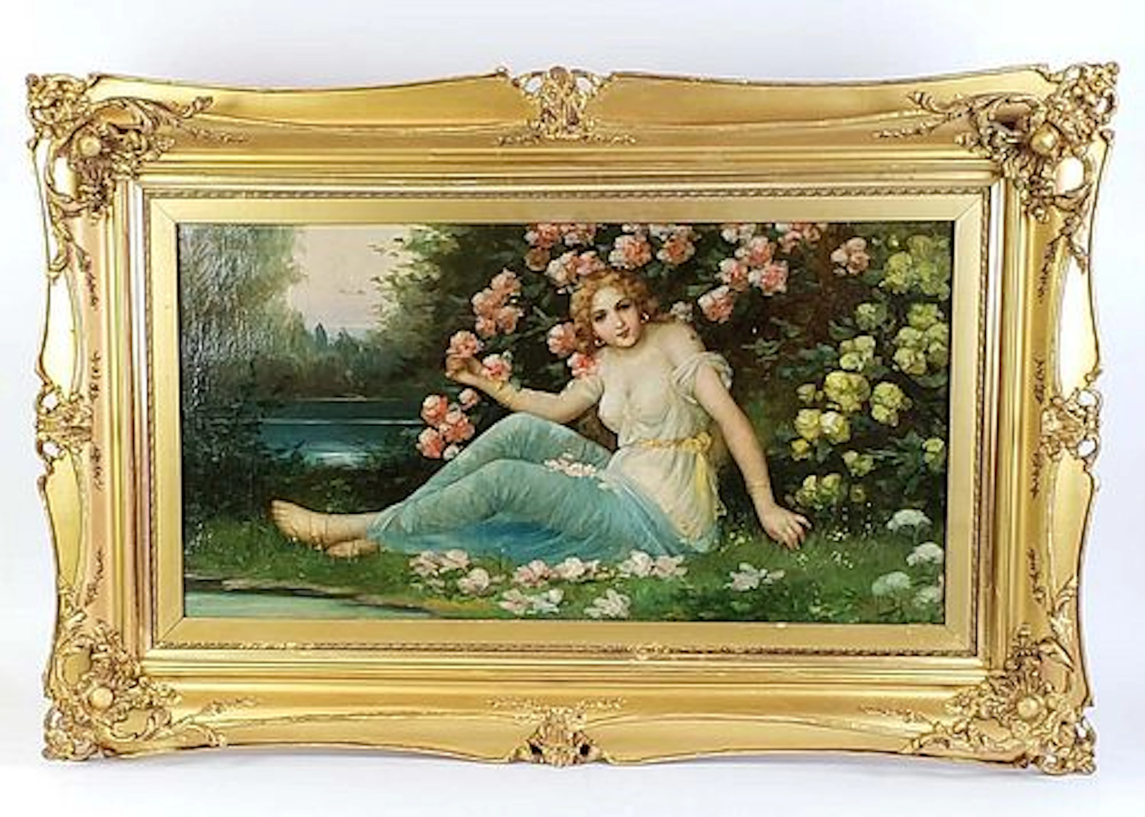Large Zatzka 19th C. Orientalist Painting of Woman in Garden, Signed