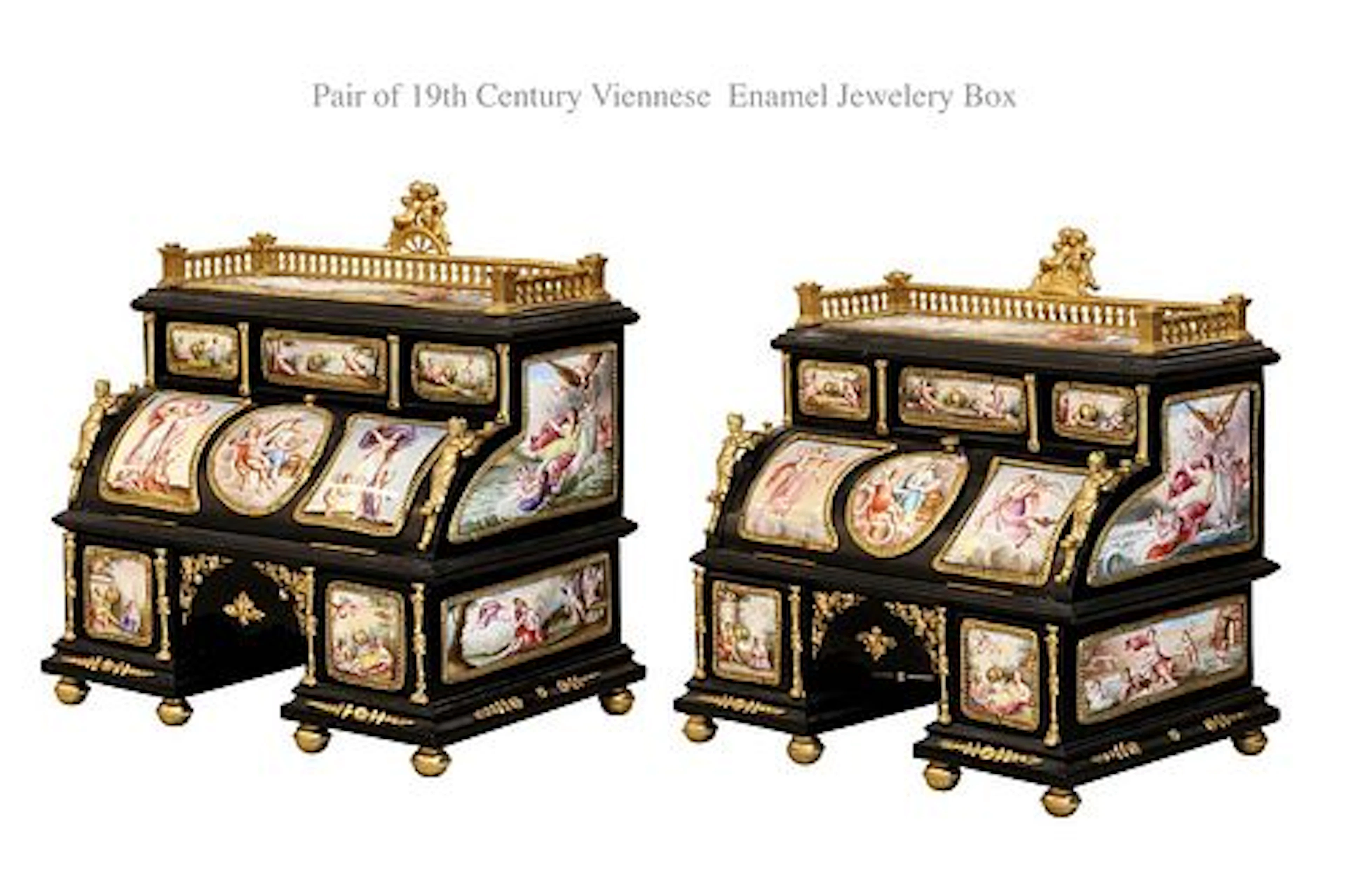 Pair Of 19th C. Viennese Enamel & Bronze Jewelry Box