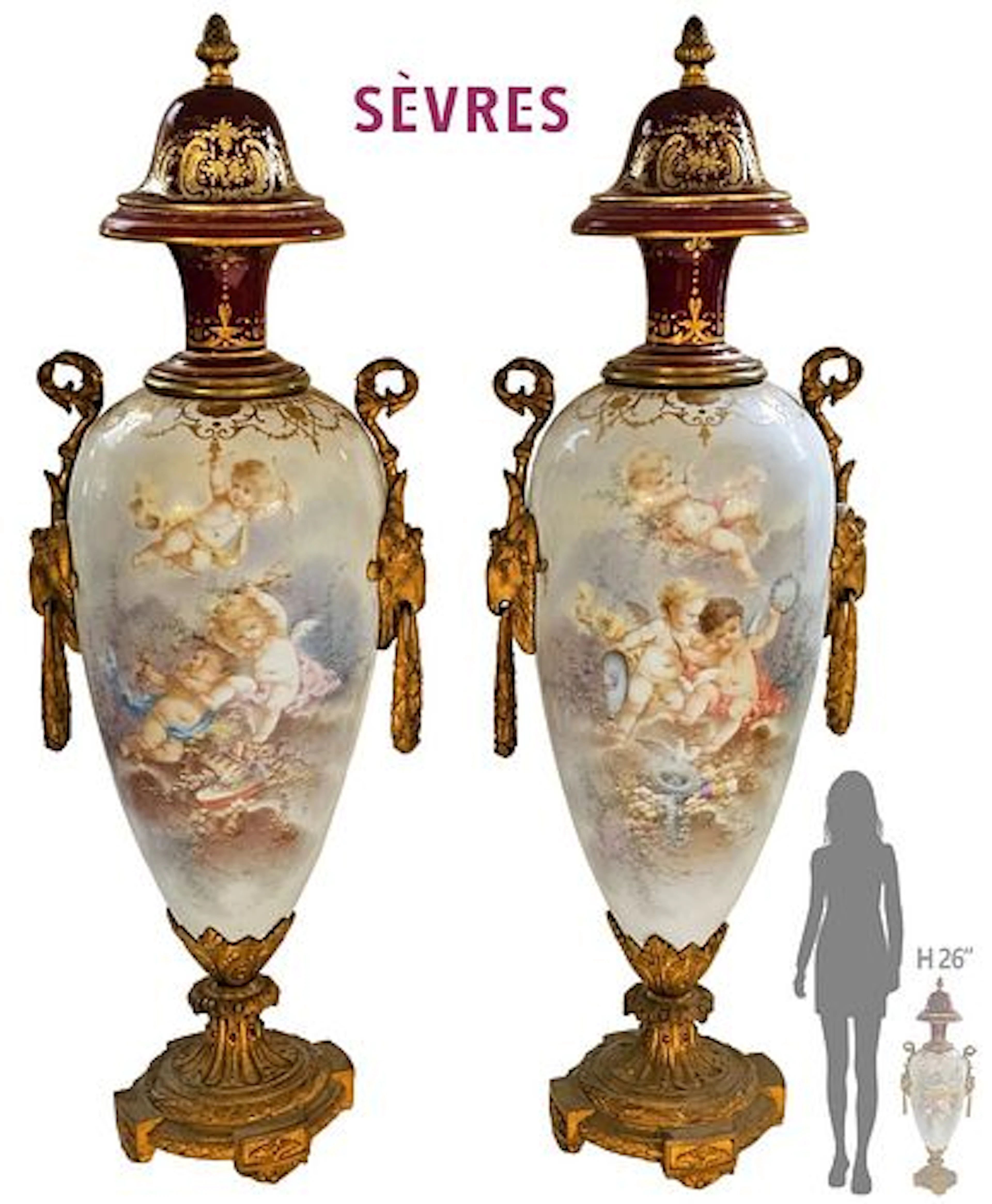 Large Pair Of Large 19th C. French Hand Painted Sevres Urns, Signed By Callot