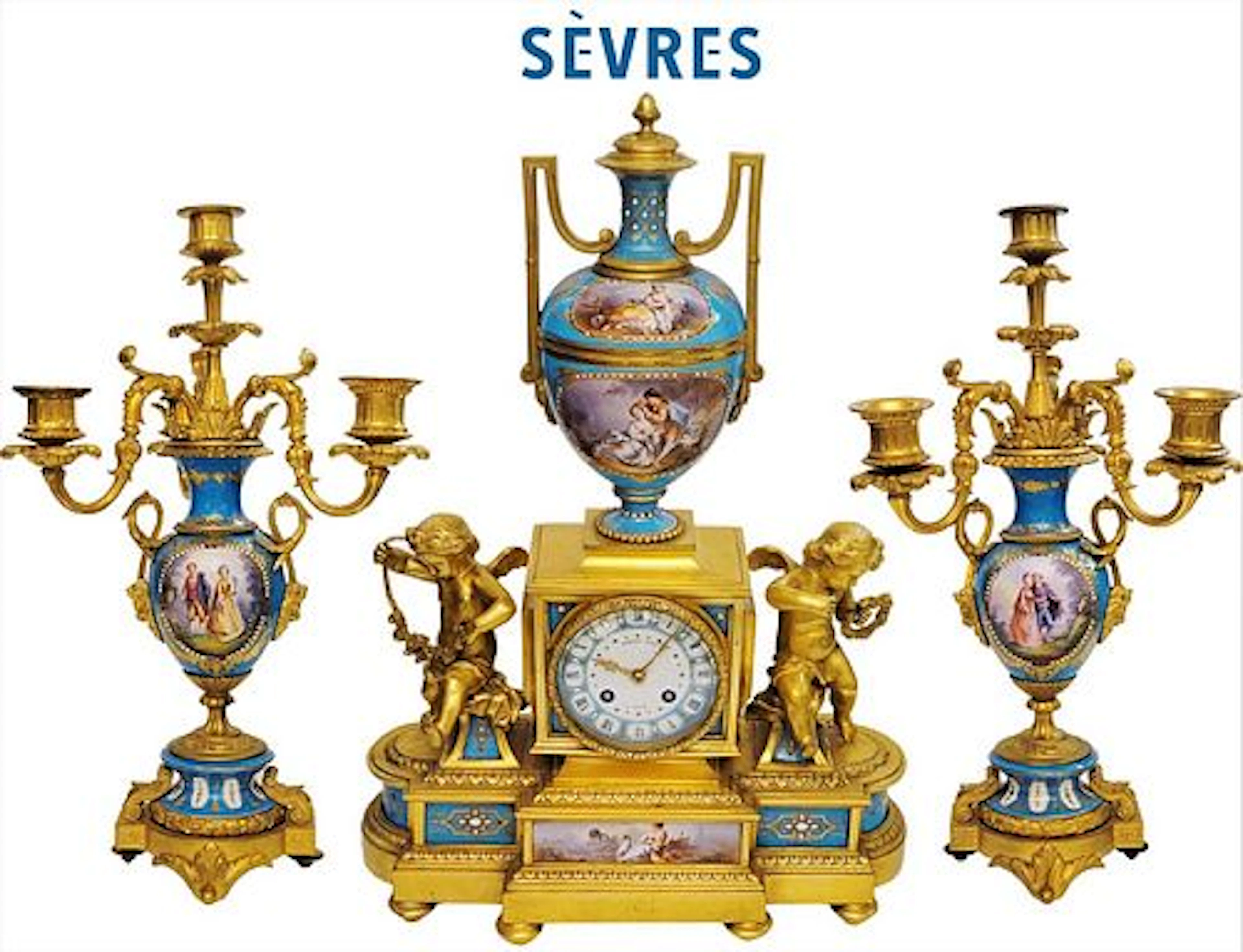 19th C. French Sevres & Figural Bronze Clockset