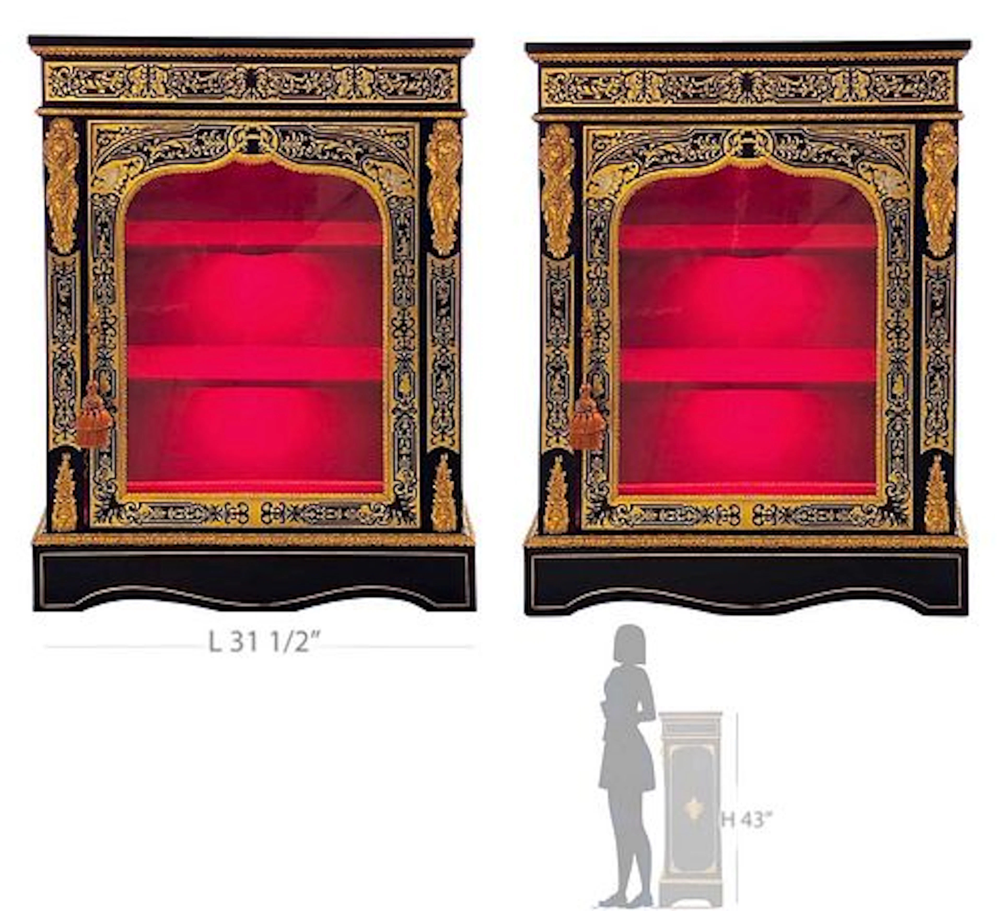 Pair Of 19th C. French Boulle Figural Bronze Mounted Cabinets / Vitrine