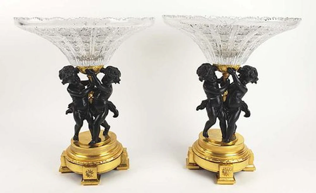 Pair of 19th C. Gilt & Patinated Bronze & Crystal Figural Centerpieces
