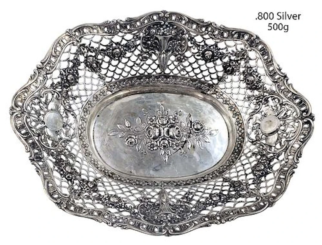 19th C. .800 Silver(500g) Floral Pattern German Silver Fruit Basket