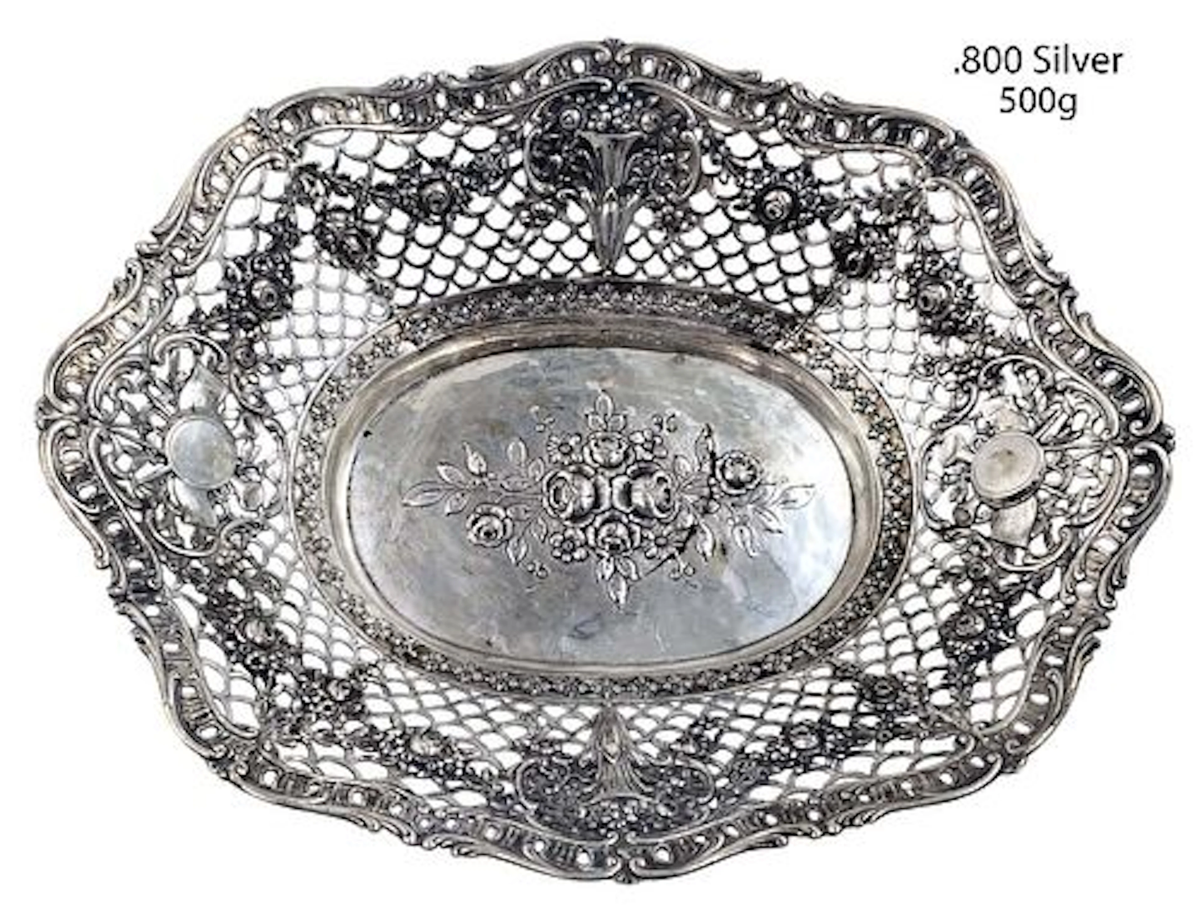 19th C. .800 Silver(500g) Floral Pattern German Silver Fruit Basket