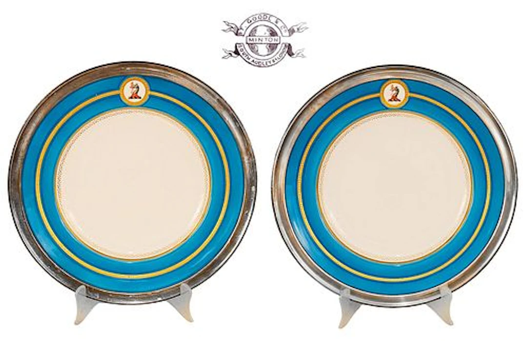 Pair Of Rare T. Goode & Co \ Minton Audley Sterling Silver Rimmed Dinner Plates