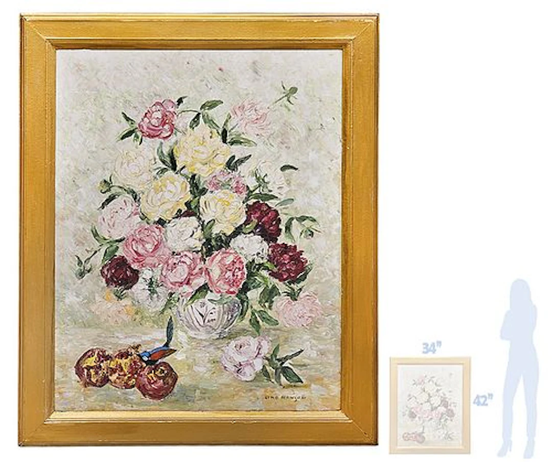 Italian Lino Manzoni 'Flowers, Pomegranates & A Bird' Oil On Board Painting