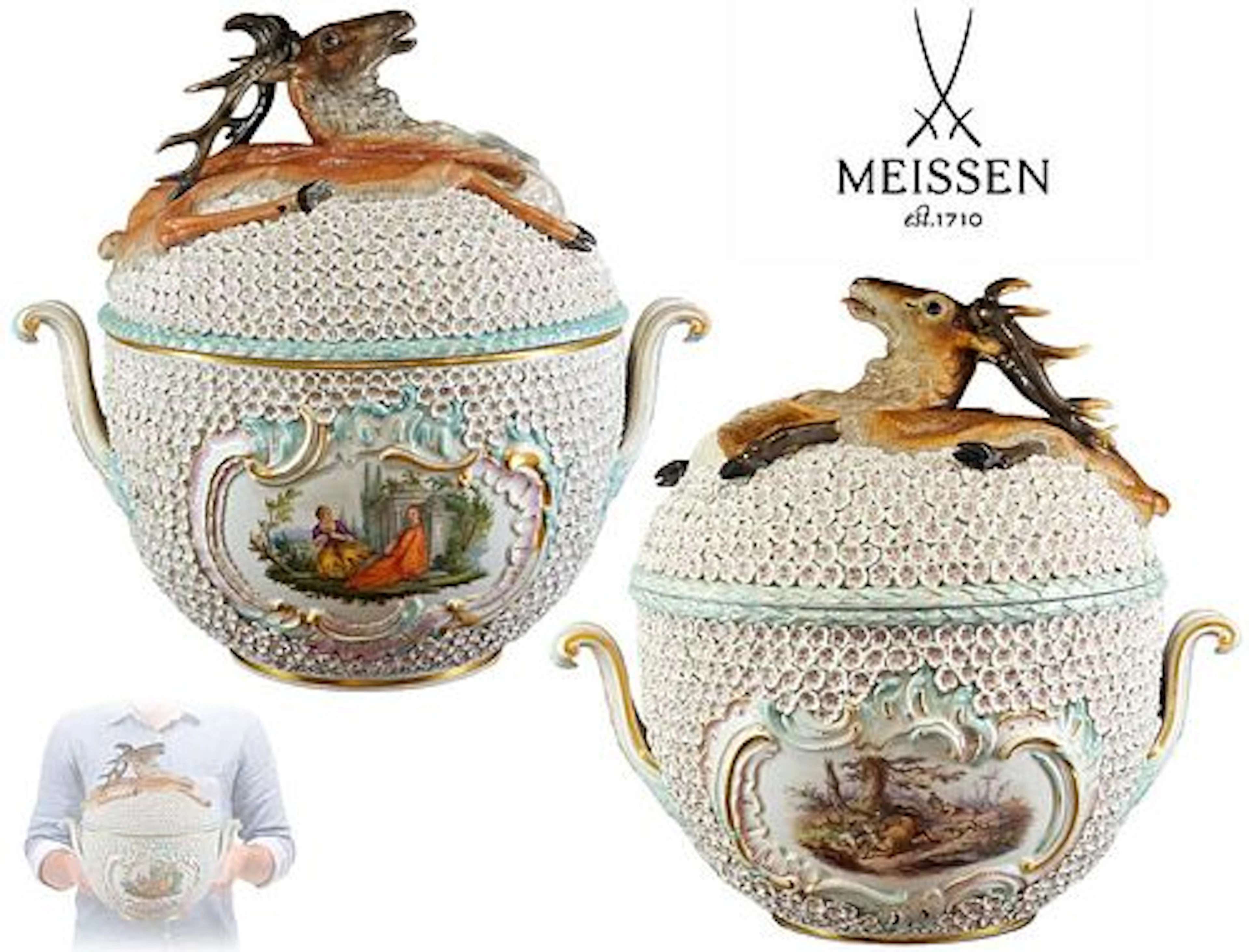 Near Pair 19th C. Of Snowball Meissen Porcelain Punch Bowls