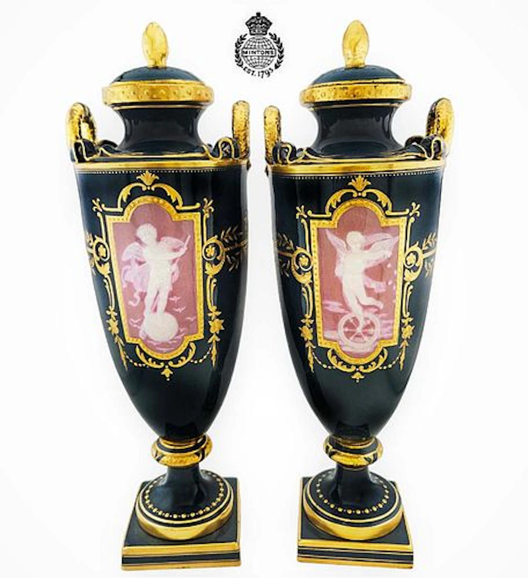 Pair of 19th C. Pate Sur Pate Mintons Porcelain Angel Vases / Urns