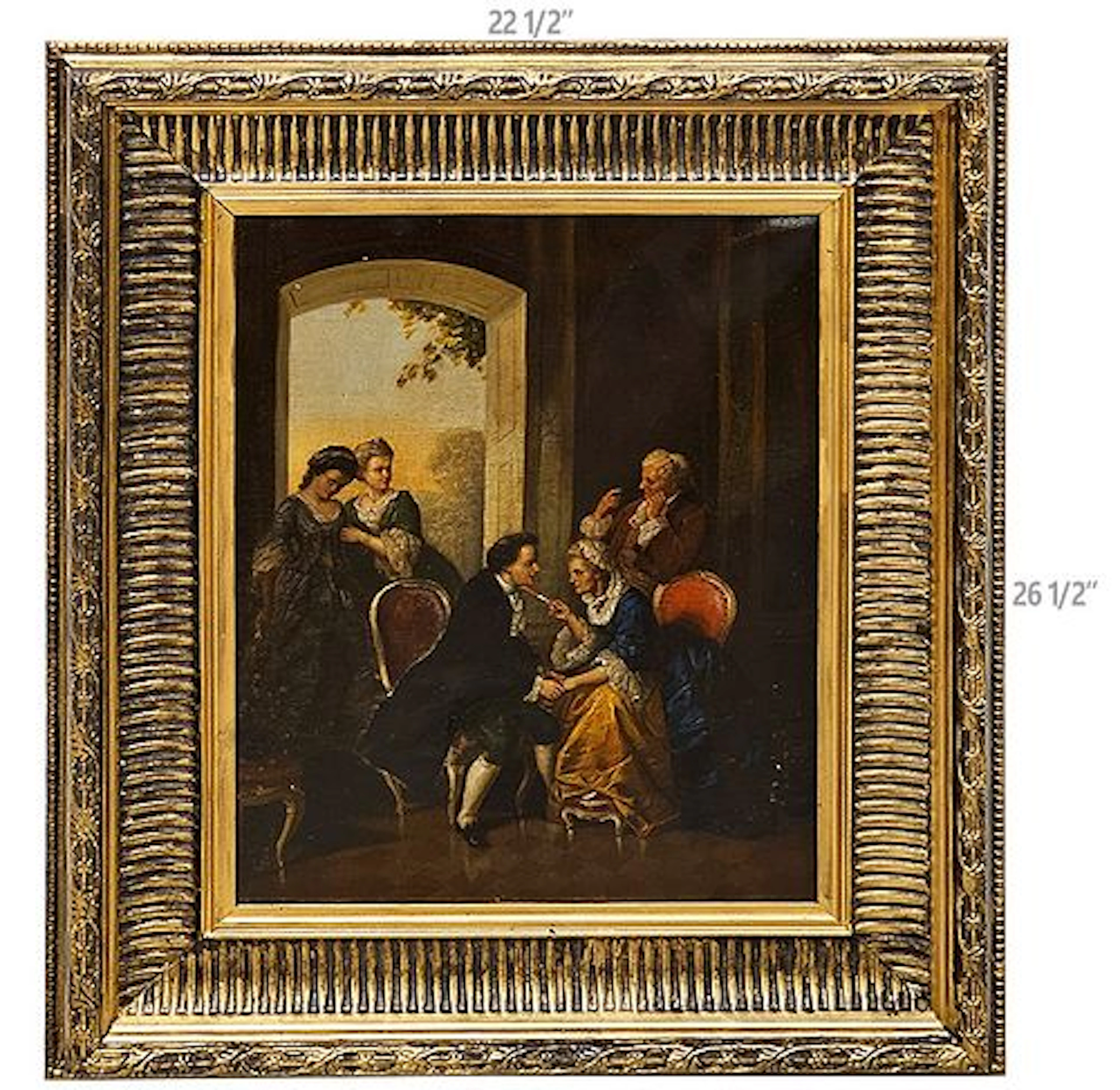 19th C. Oil On Canvas Couple Discussion Group Painting