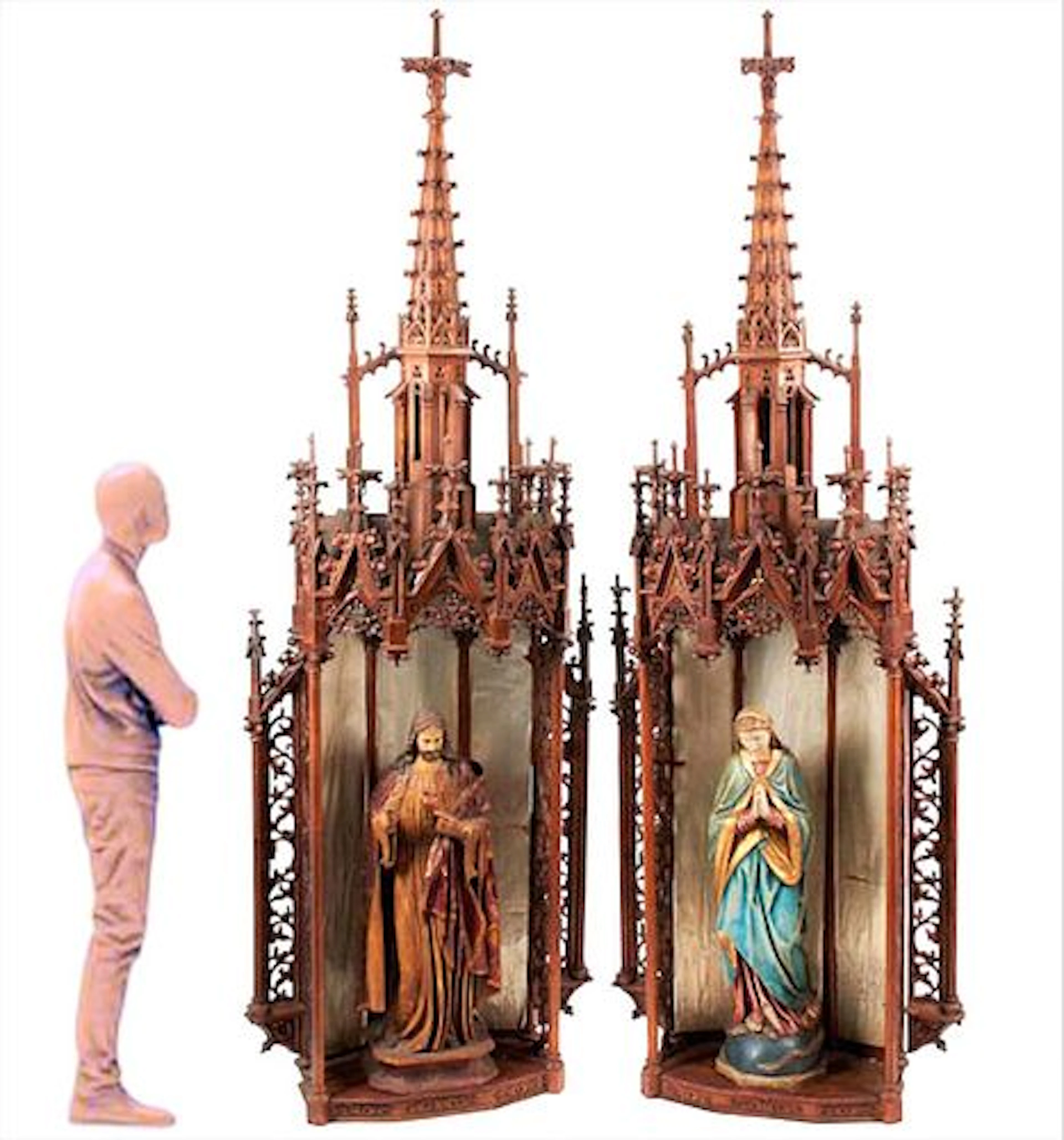 Pair of Monumental 19th C. Gothic Polychrome Decorated Figures of