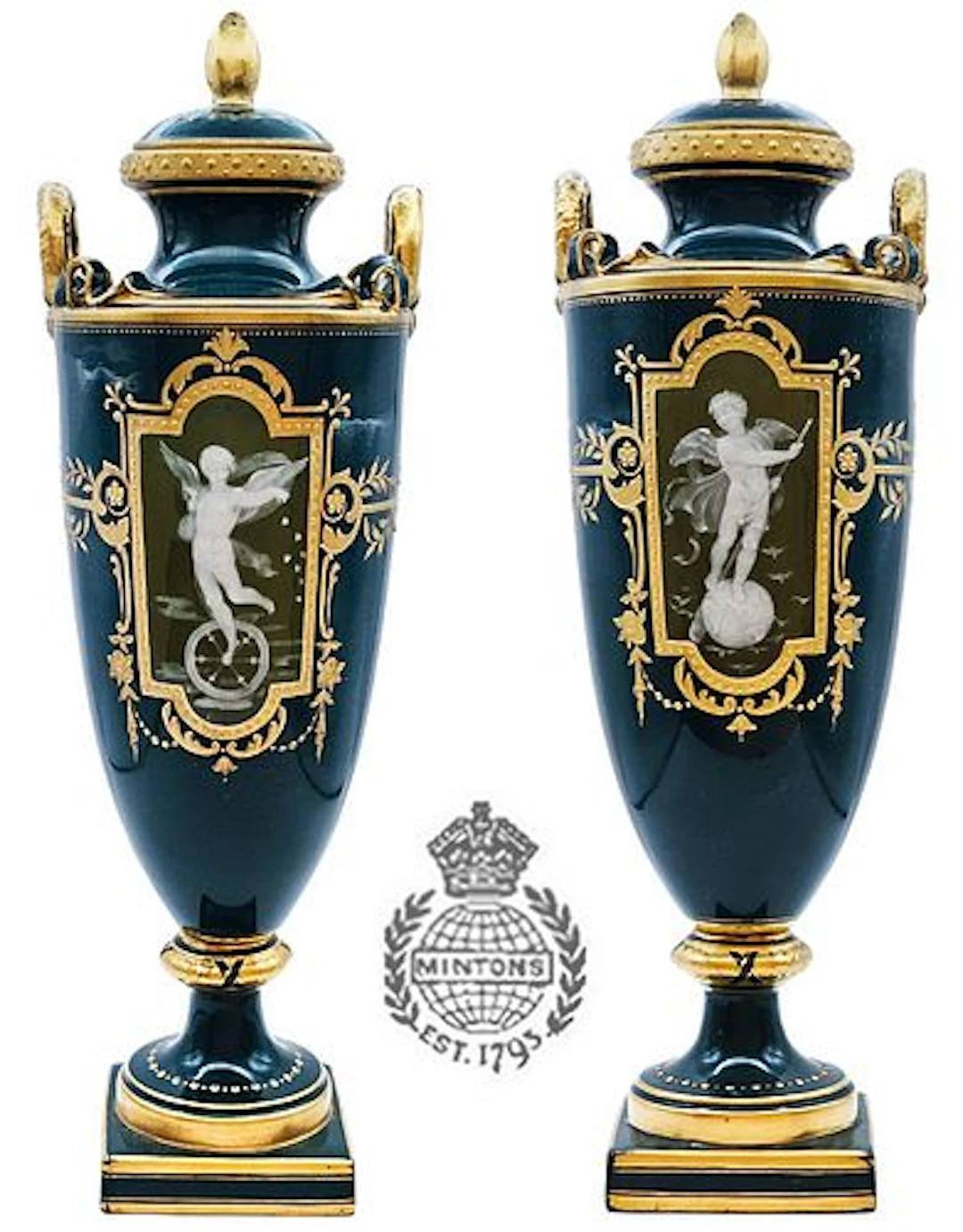 Pair of 19th C. Pate Sur Pate Mintons Porcelain Angel Vases / Urns