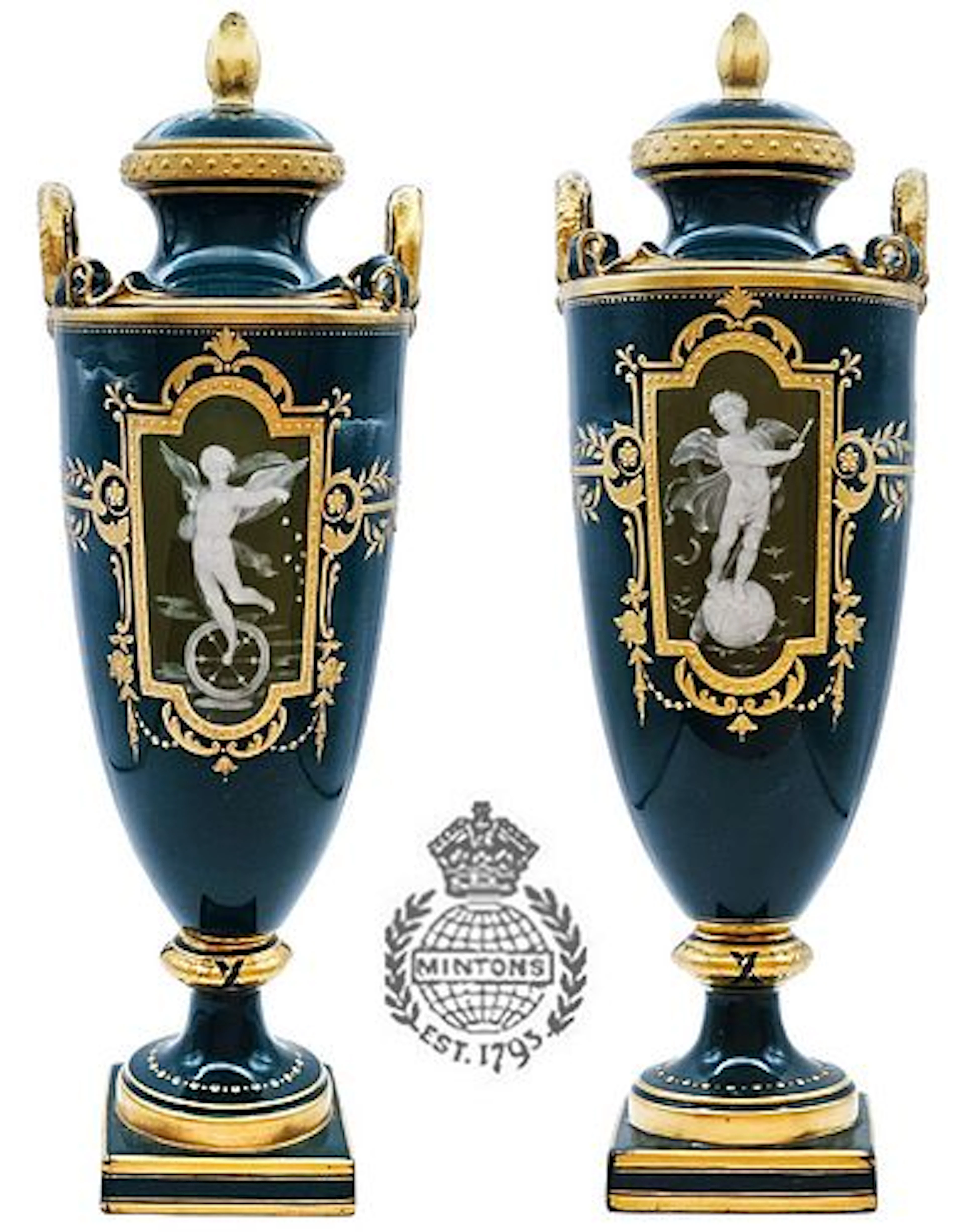 Pair of 19th C. Pate Sur Pate Mintons Porcelain Angel Vases / Urns