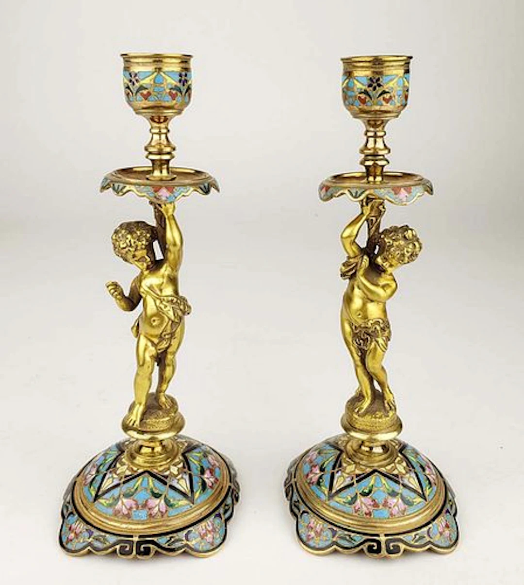 Pair of 19th C. French Champleve Enamel Candlesticks