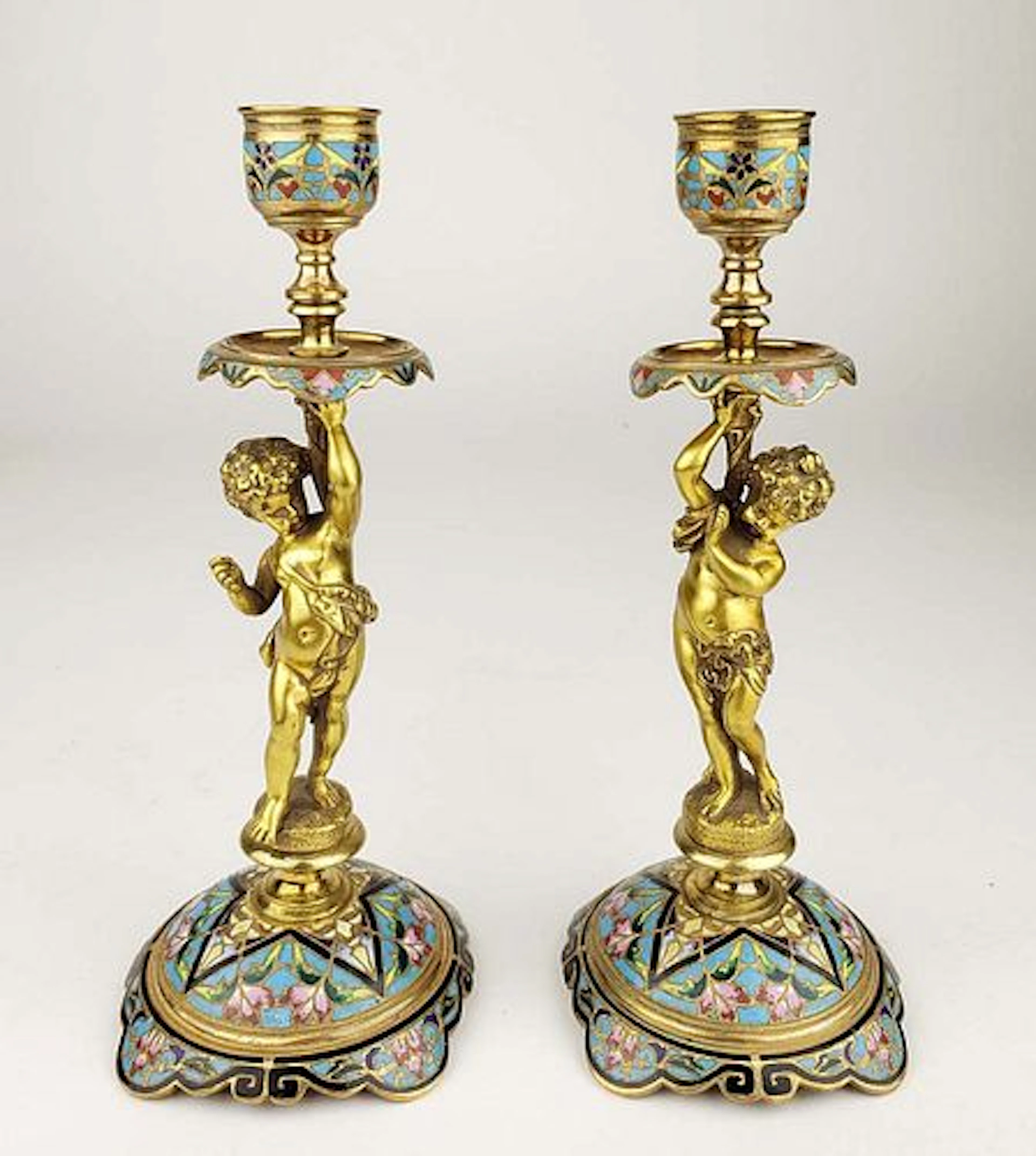 Pair of 19th C. French Champleve Enamel Candlesticks
