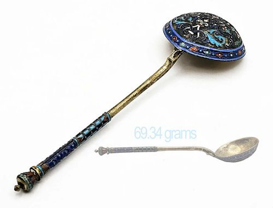 19th C. Faberge Style (69.34 grams) Russian Enamel Silver Gilt Large Spoon