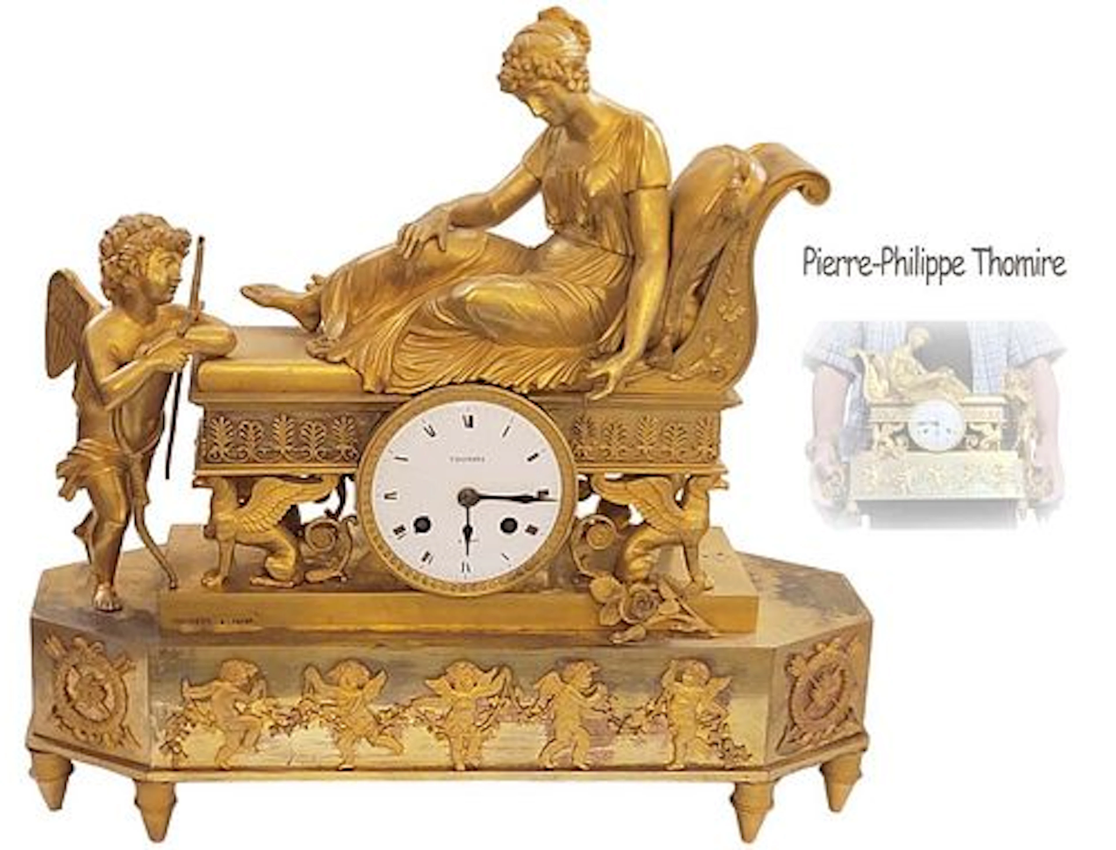 Large Museum Quality 19th C. Empire Ormolu Bronze Figural Clock, Signed