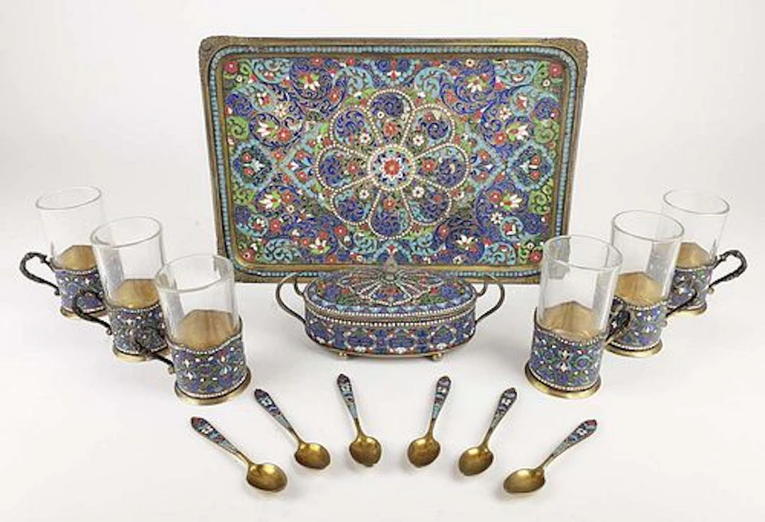 Magnificent 19th C. Russian Enamel & 84 Silver Tea Set