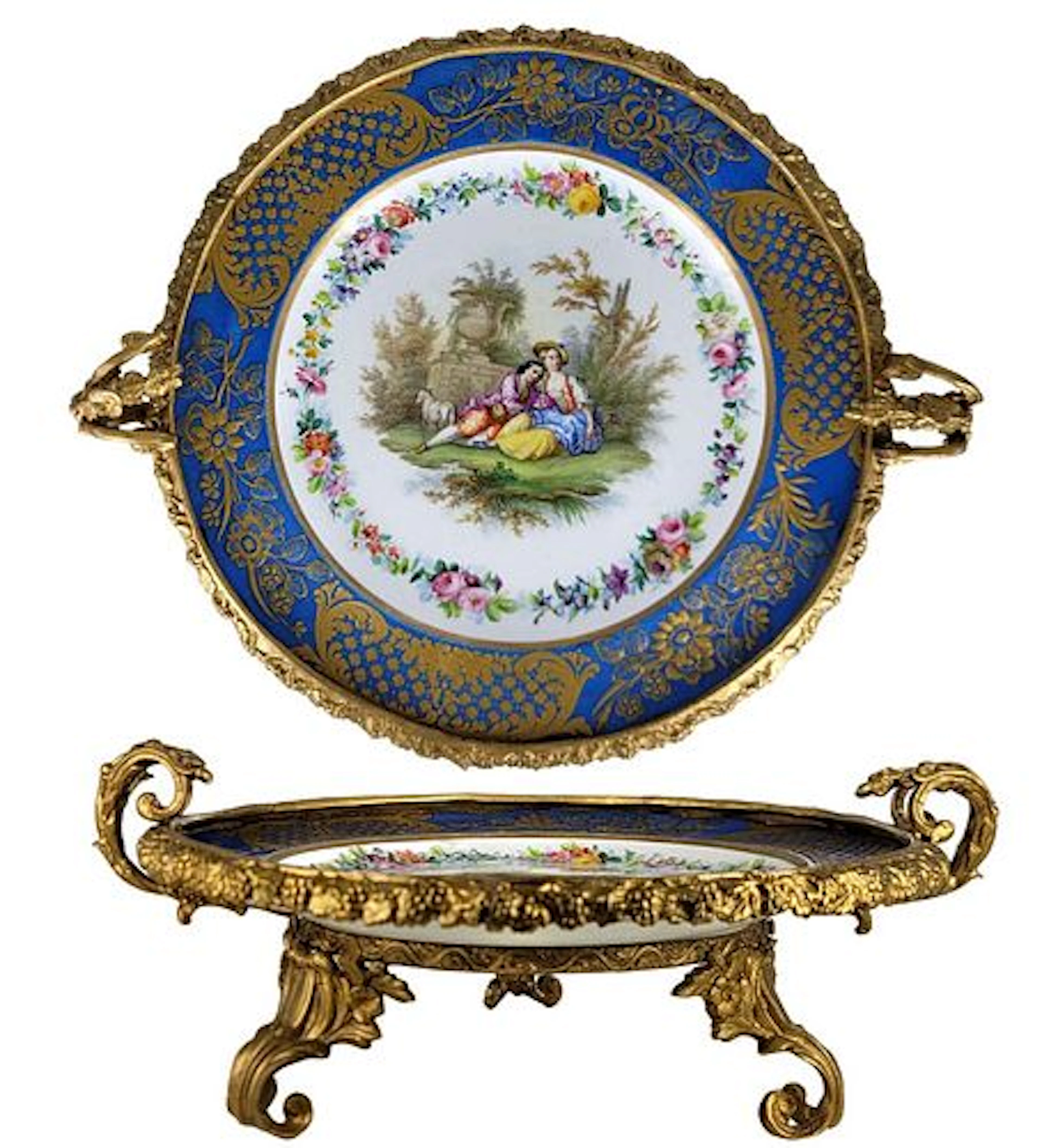 19th C. English Bronze Mounted " Spode " Hand Painted Porcelain Centerpiece
