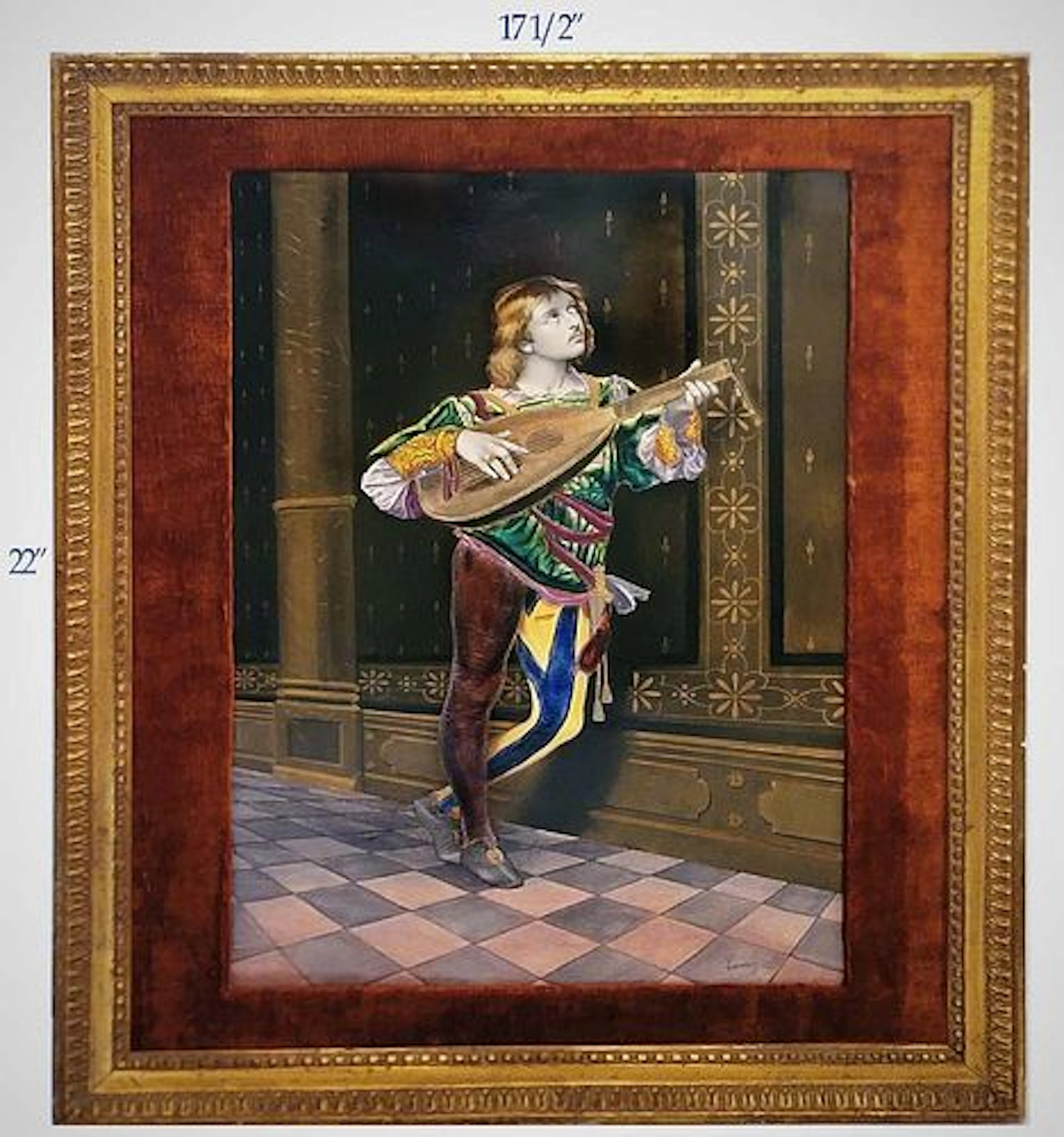 19th C. Signed French Enameled Porcelain Plaque Of Guy Playing Medieval Lute