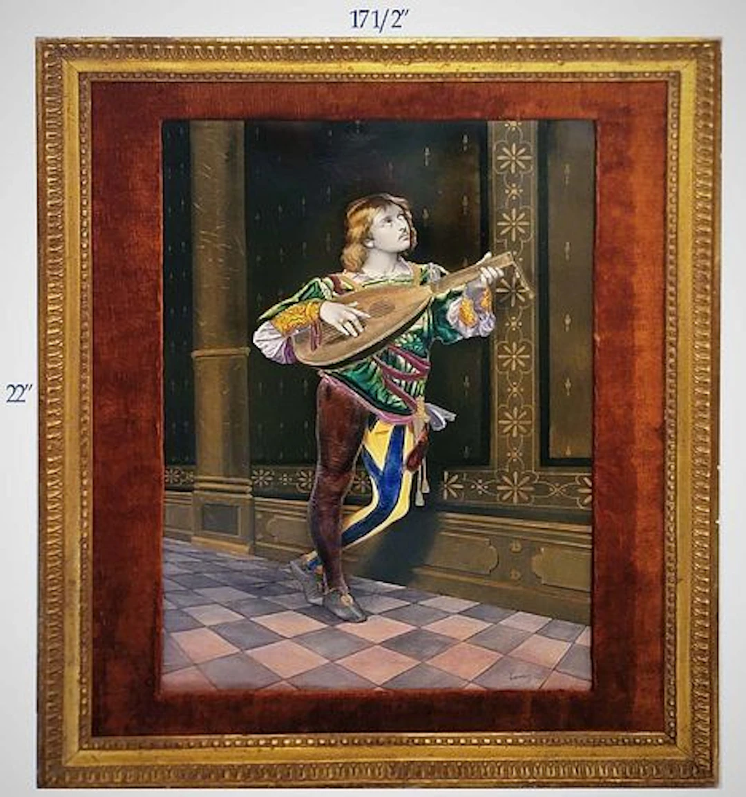 19th C. Signed French Enameled Porcelain Plaque Of Guy Playing Medieval Lute