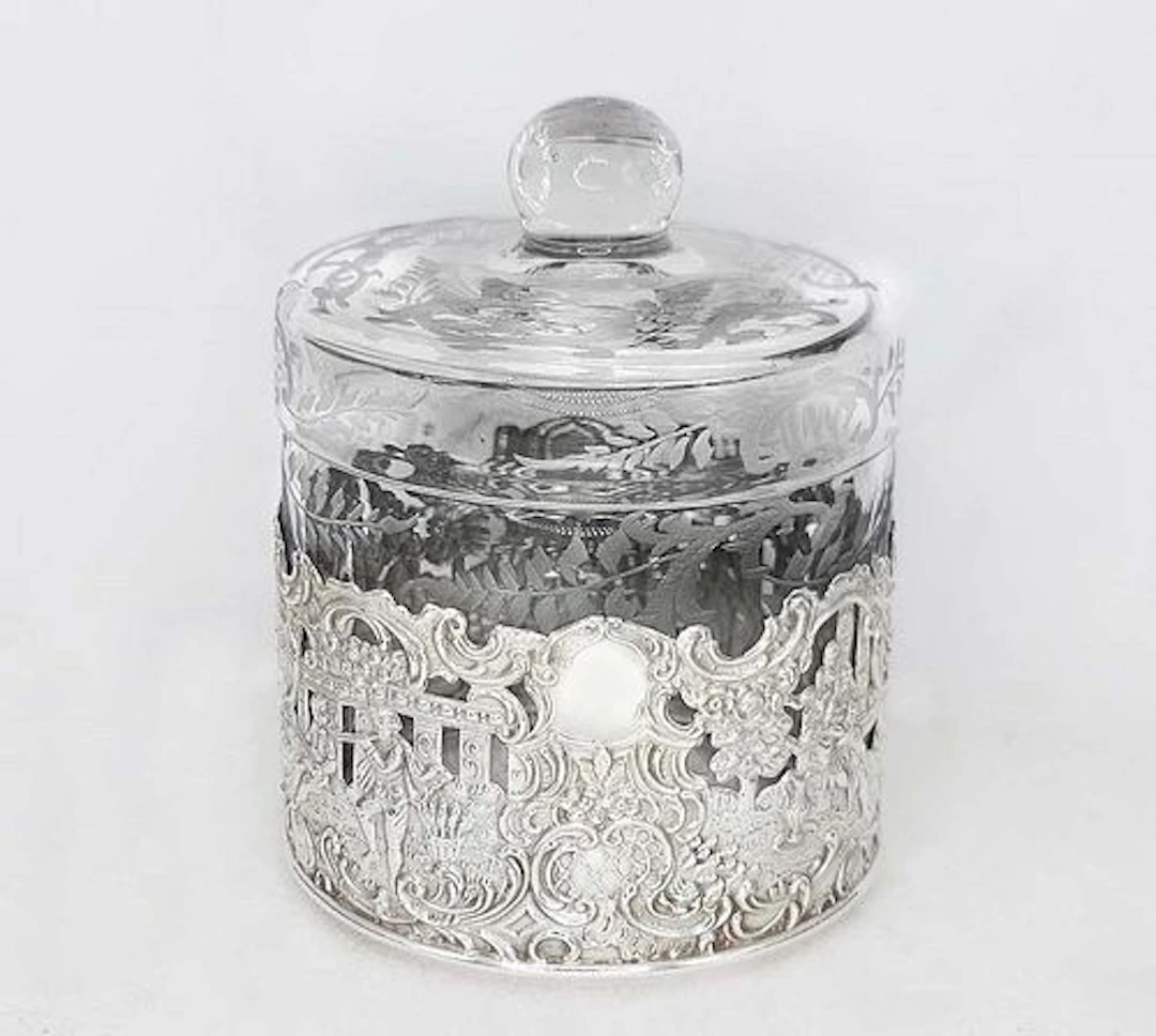 Sterling Silver (77g) Mounted Crystal Round Jar With Lid