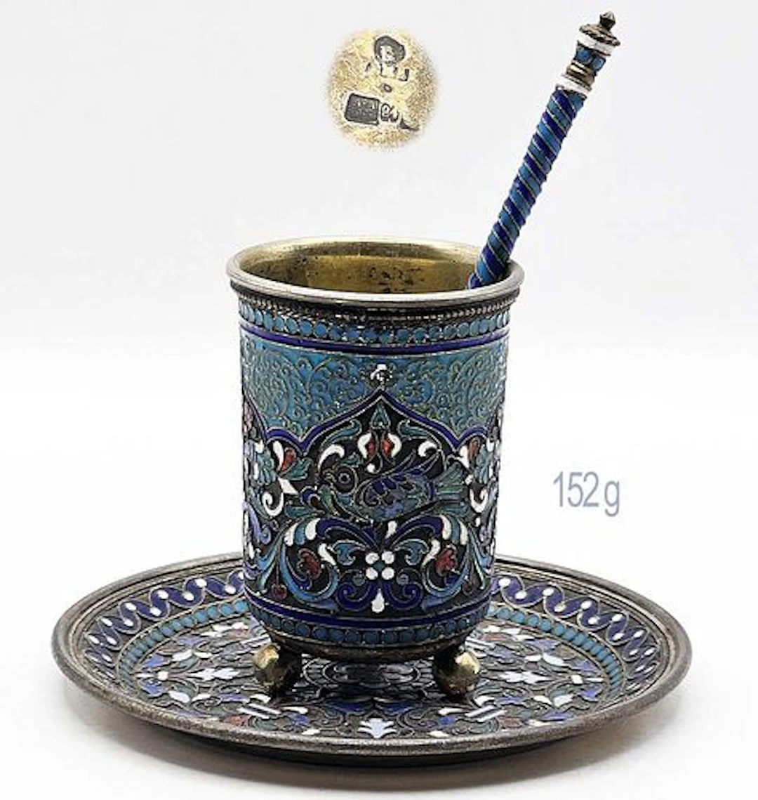 19th C. Russian Cloisonne Enamel & Silver 84 Coffee Cup Saucer Spoon Set