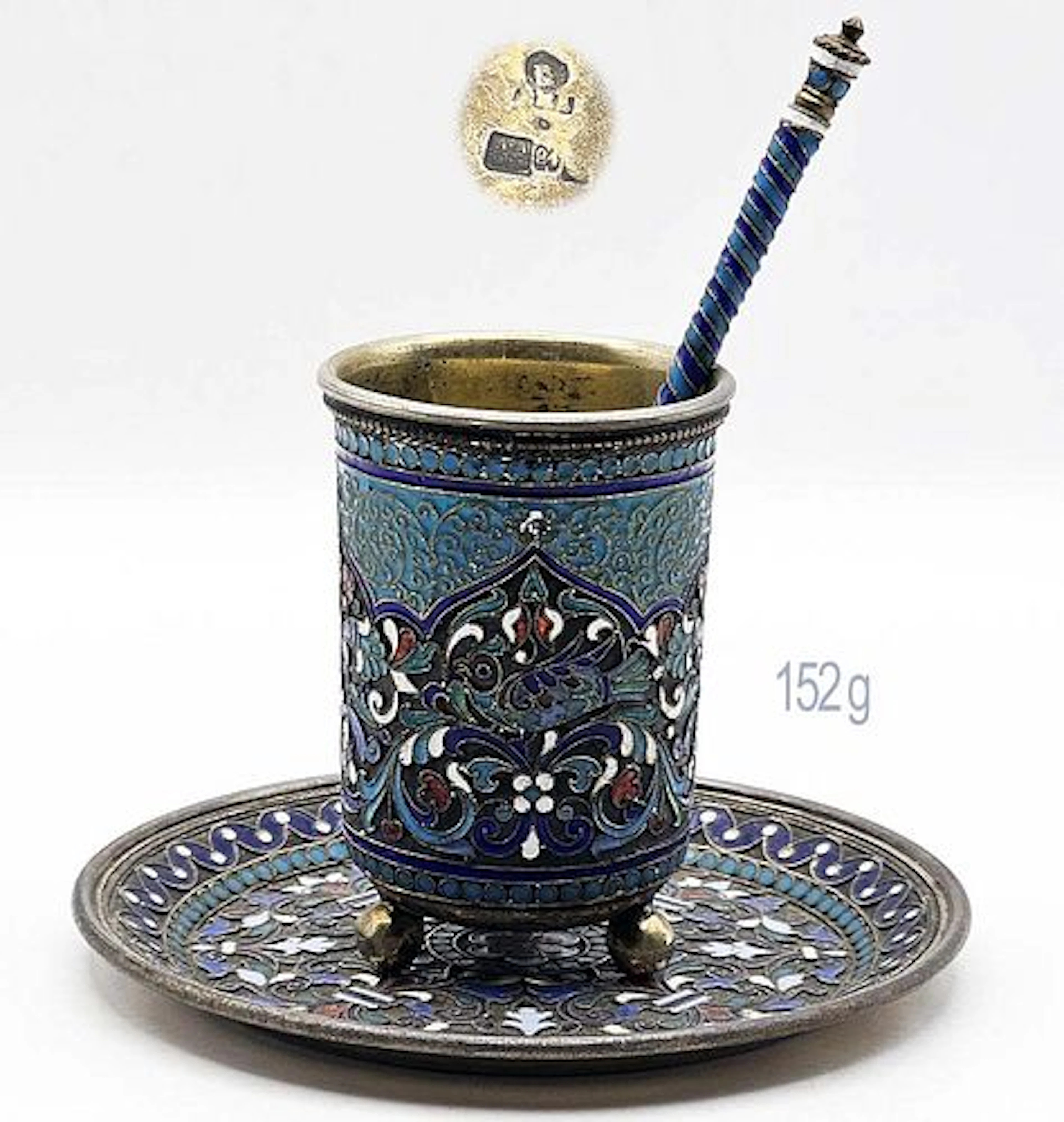 19th C. Russian Cloisonne Enamel & Silver 84 Coffee Cup Saucer Spoon Set