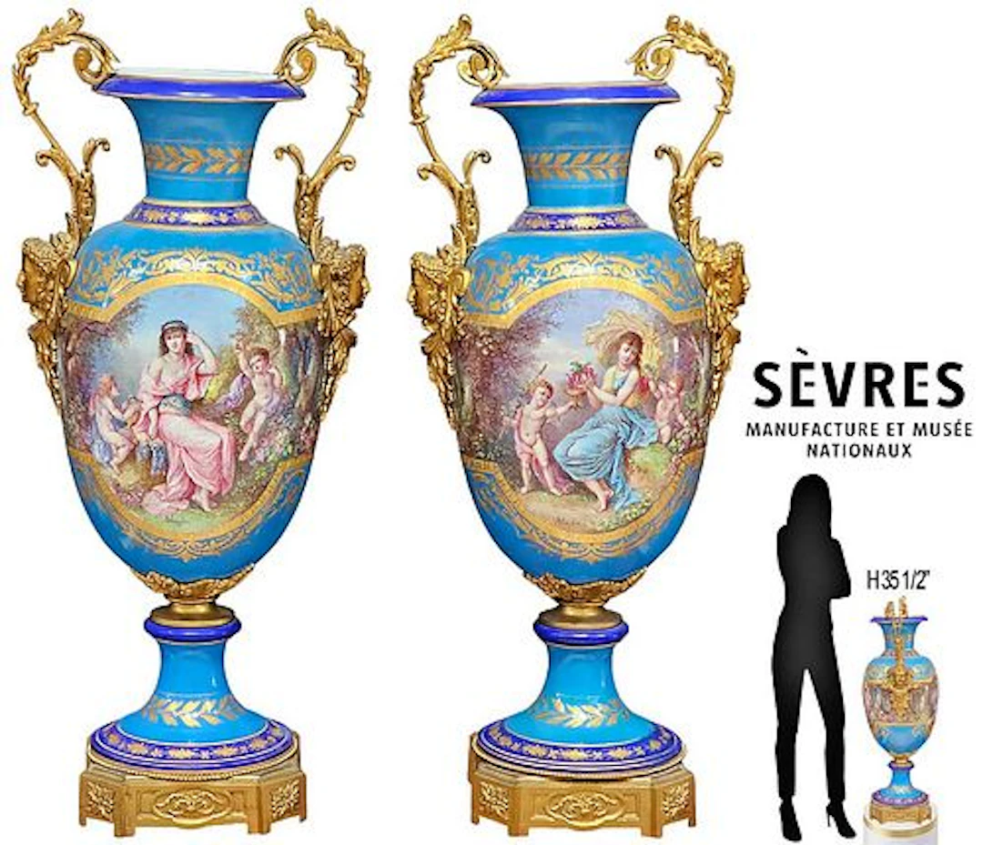 Large 19th C. Louis XVI Style Pair Of Sevres Porcelain Bronze Figural