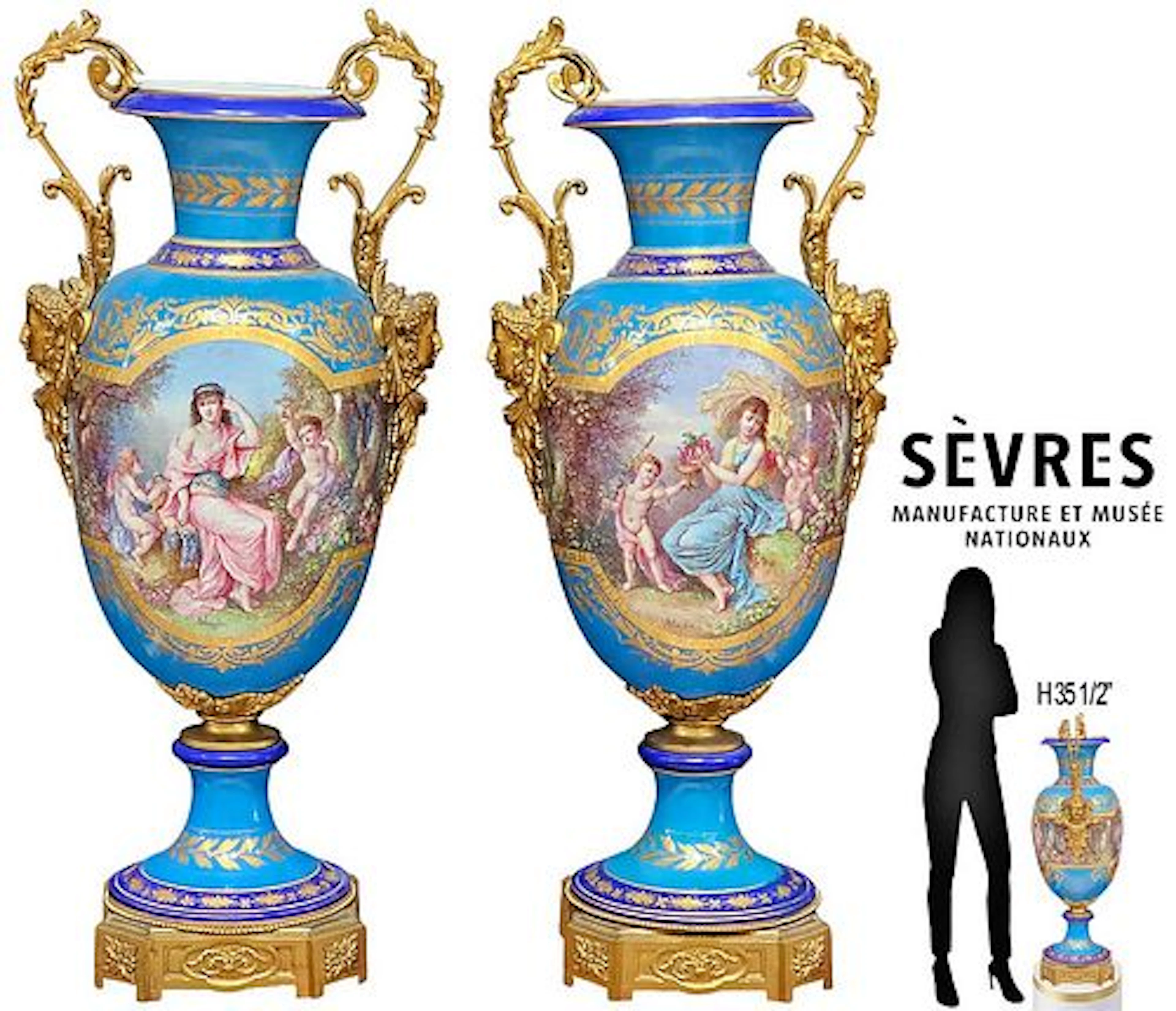Large 19th C. Louis XVI Style Pair Of Sevres Porcelain Bronze Figural