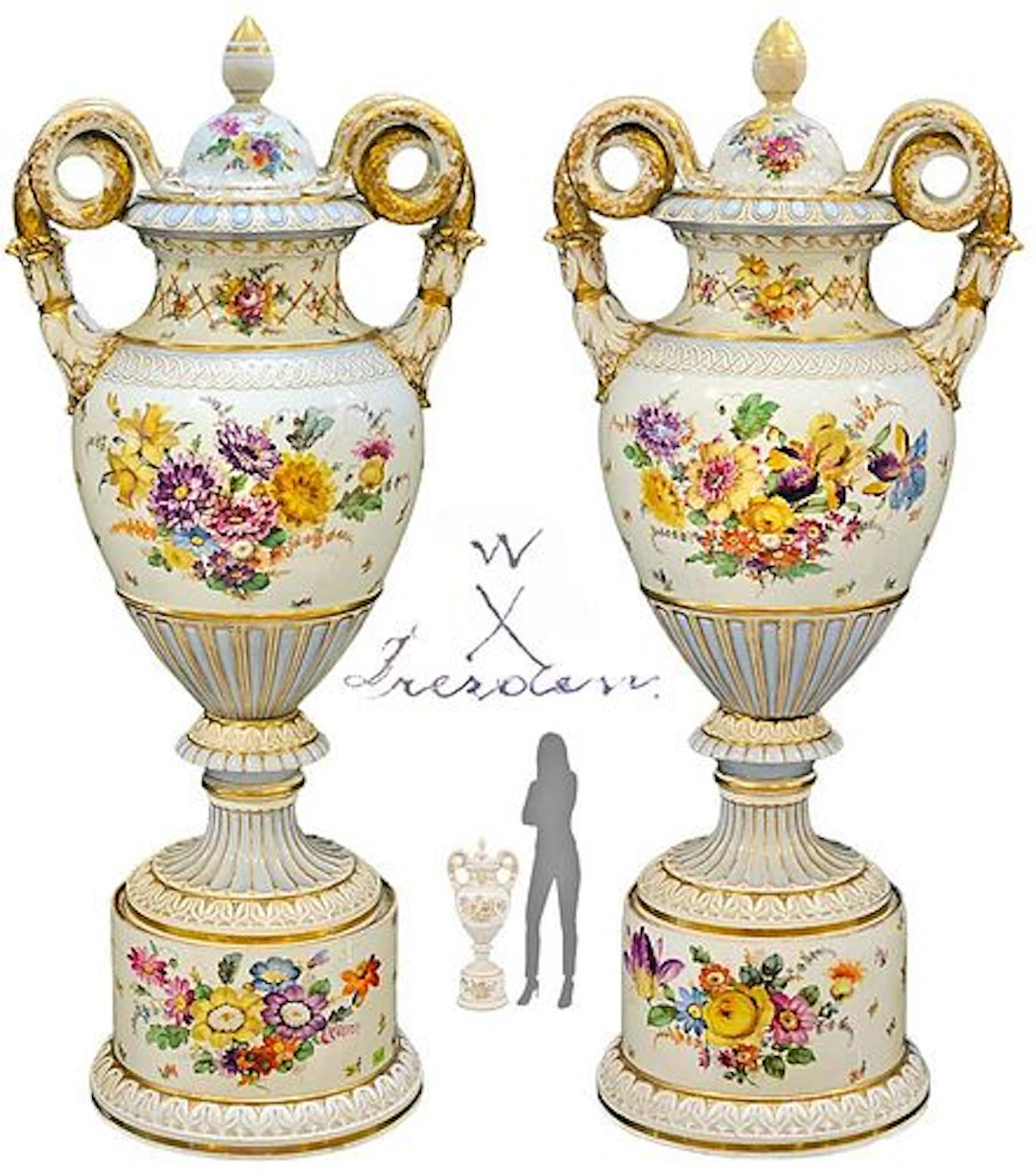 Pair of 19th Century Hand Painted German Porcelain Dresden Vases/urns