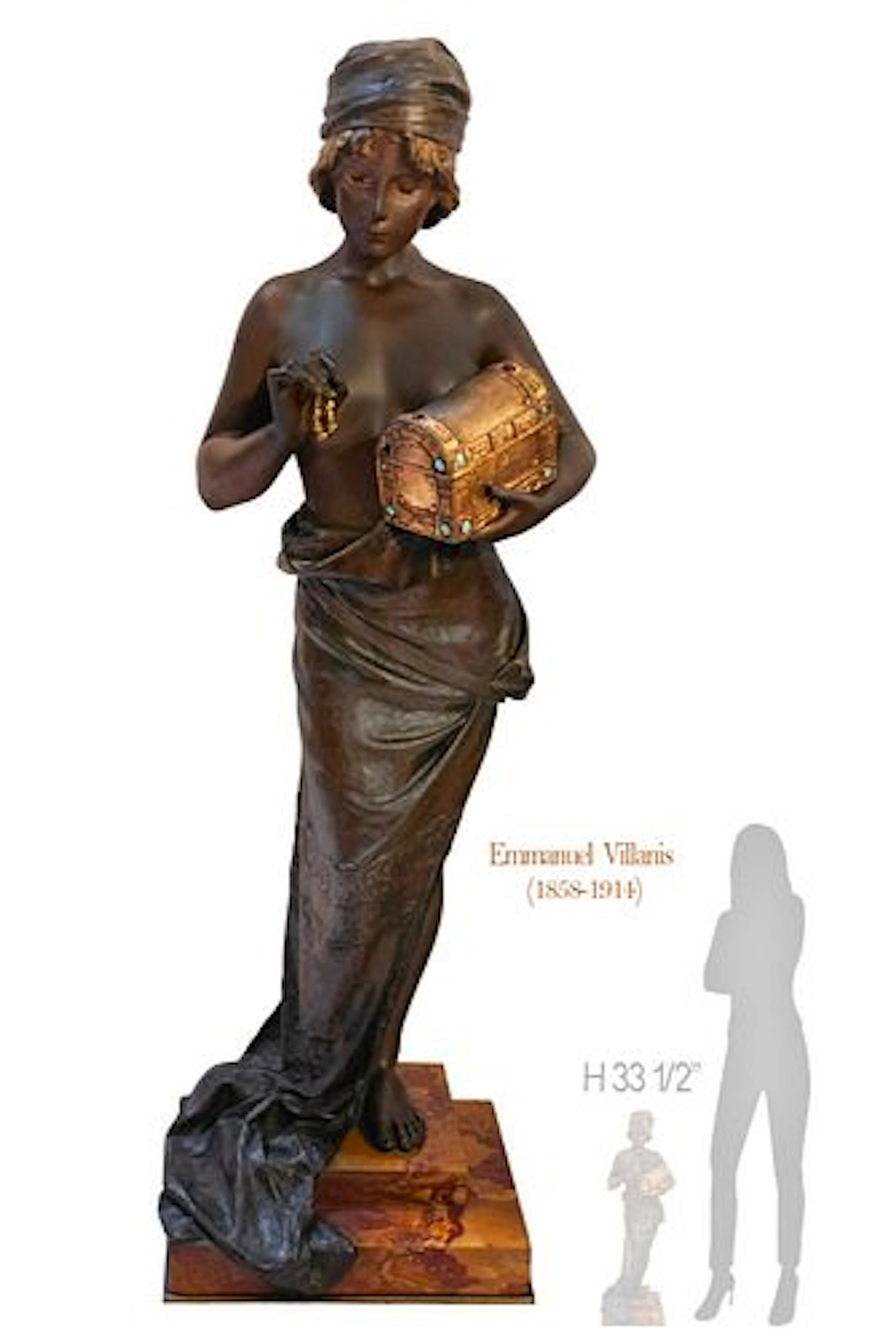 19th C. French Patina Bronze Villanis Emmanuel Figure Of Pandora With