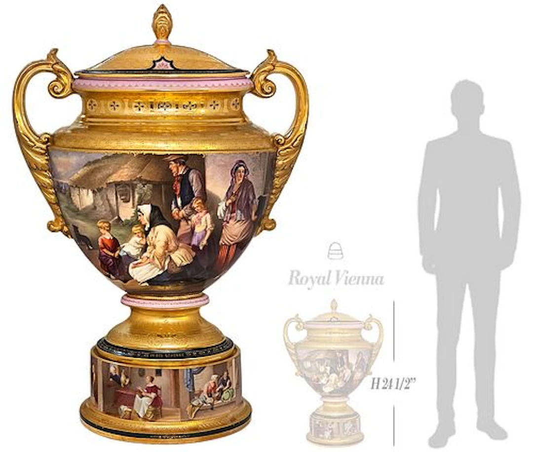 19th C. Large Hand Painted Royal Vienna Porcelain Pink & Gold Ground